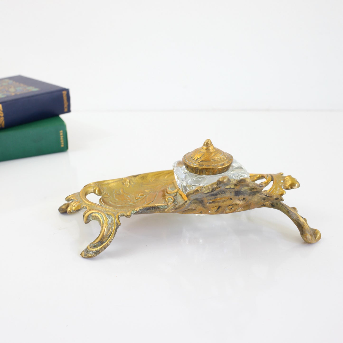 SOLD - Vintage Art Nouveau Style Brass & Glass Inkwell