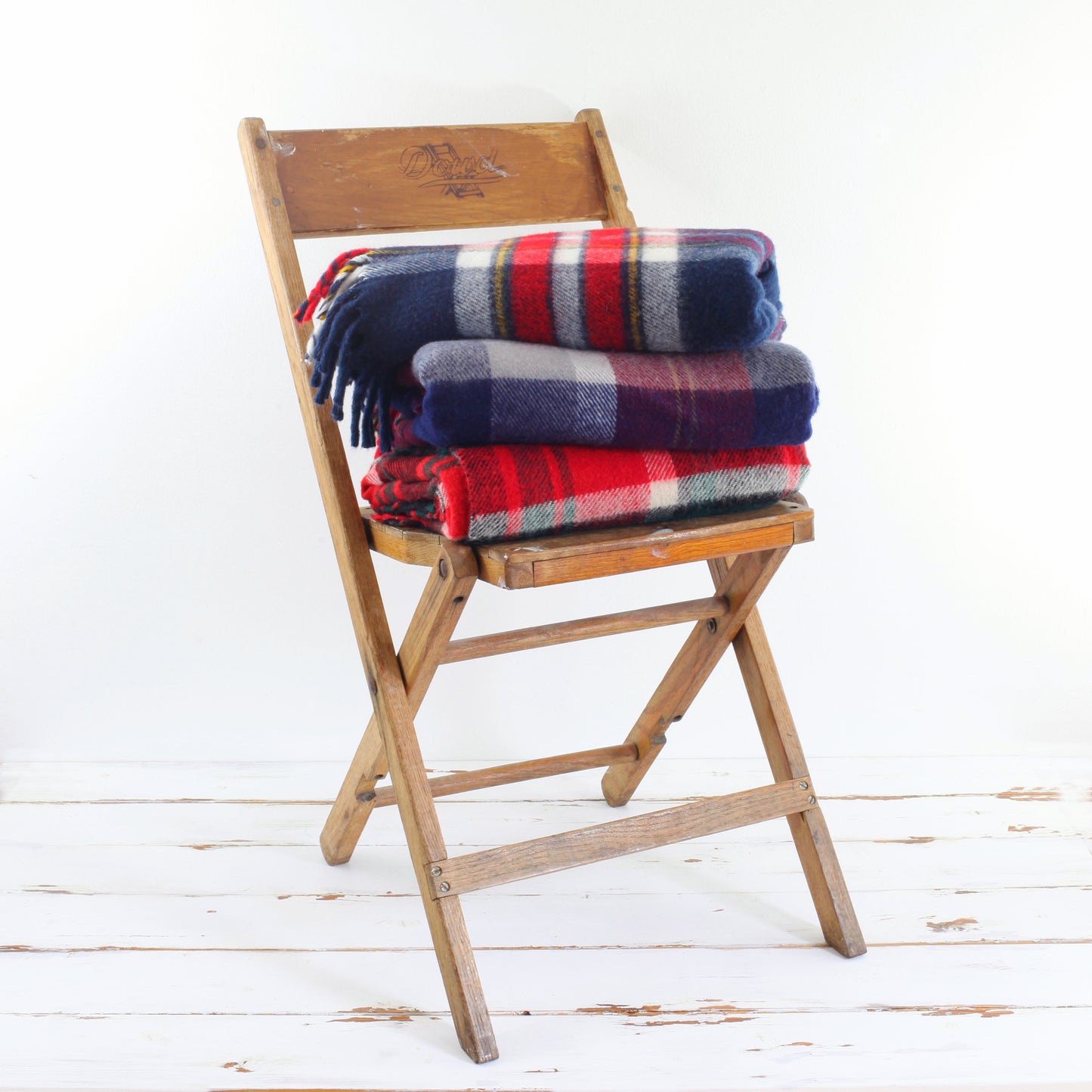 SOLD - Vintage Faribo Plaid Throw Blanket / Navy, Red, White & Yellow