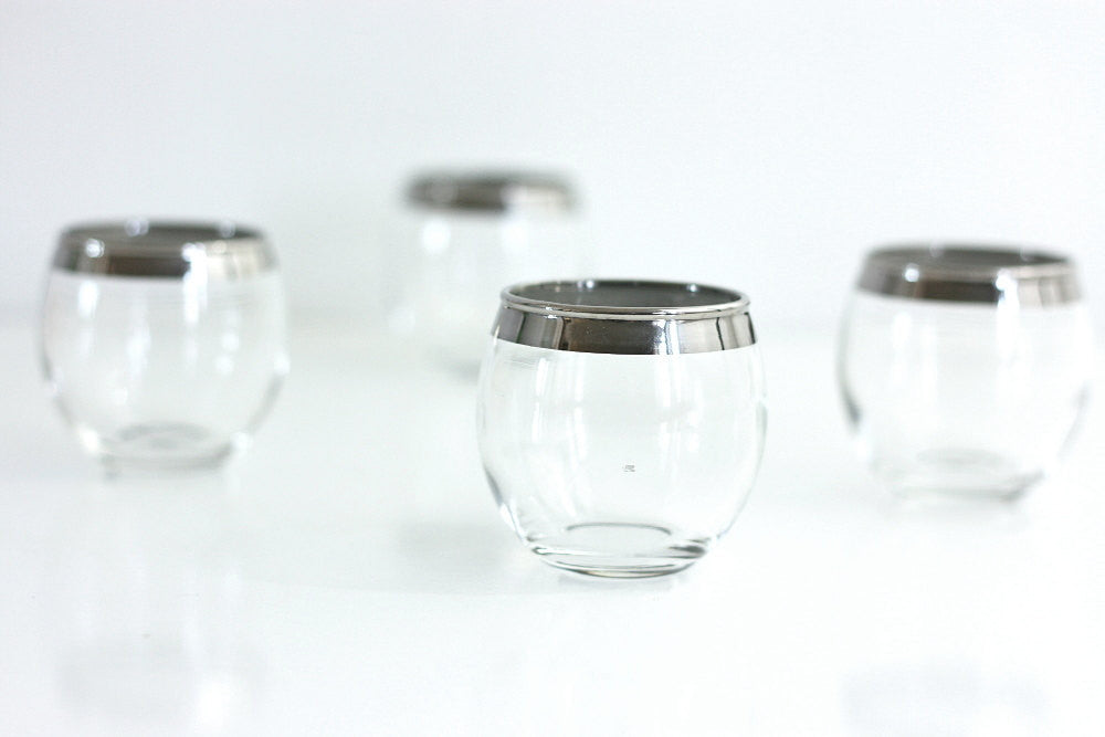 SOLD - Mid Century Dorothy Thorpe Roly Poly Silver Rim Double Shot Glasses
