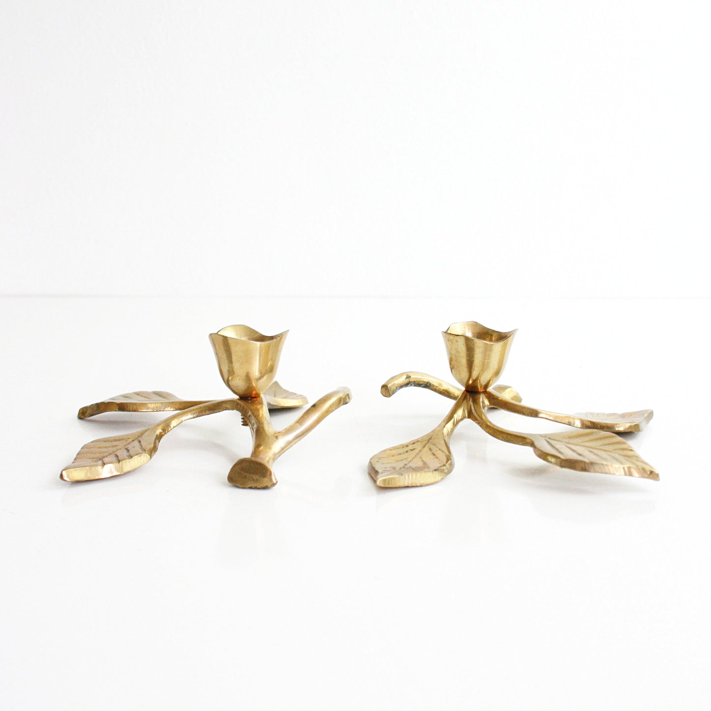 SOLD - Pair of Mid Century Brass Candlesticks - Leafy Branch Candle Holders