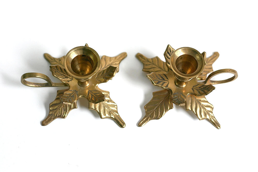 SOLD - Mid Century Brass Leaves Candlesticks / Vintage Brass Christmas Candlesticks