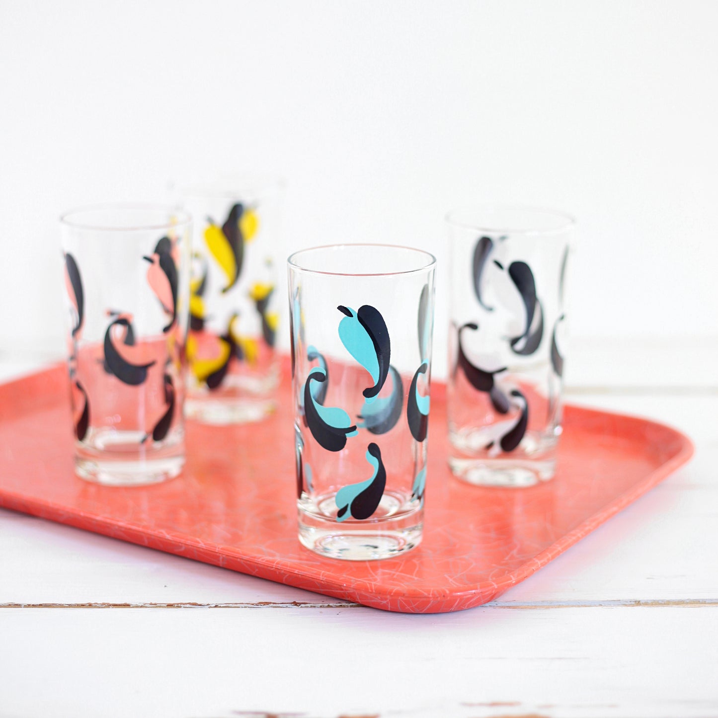 SOLD - Mid Century Modern Drinking Glasses / Colorful Leaves
