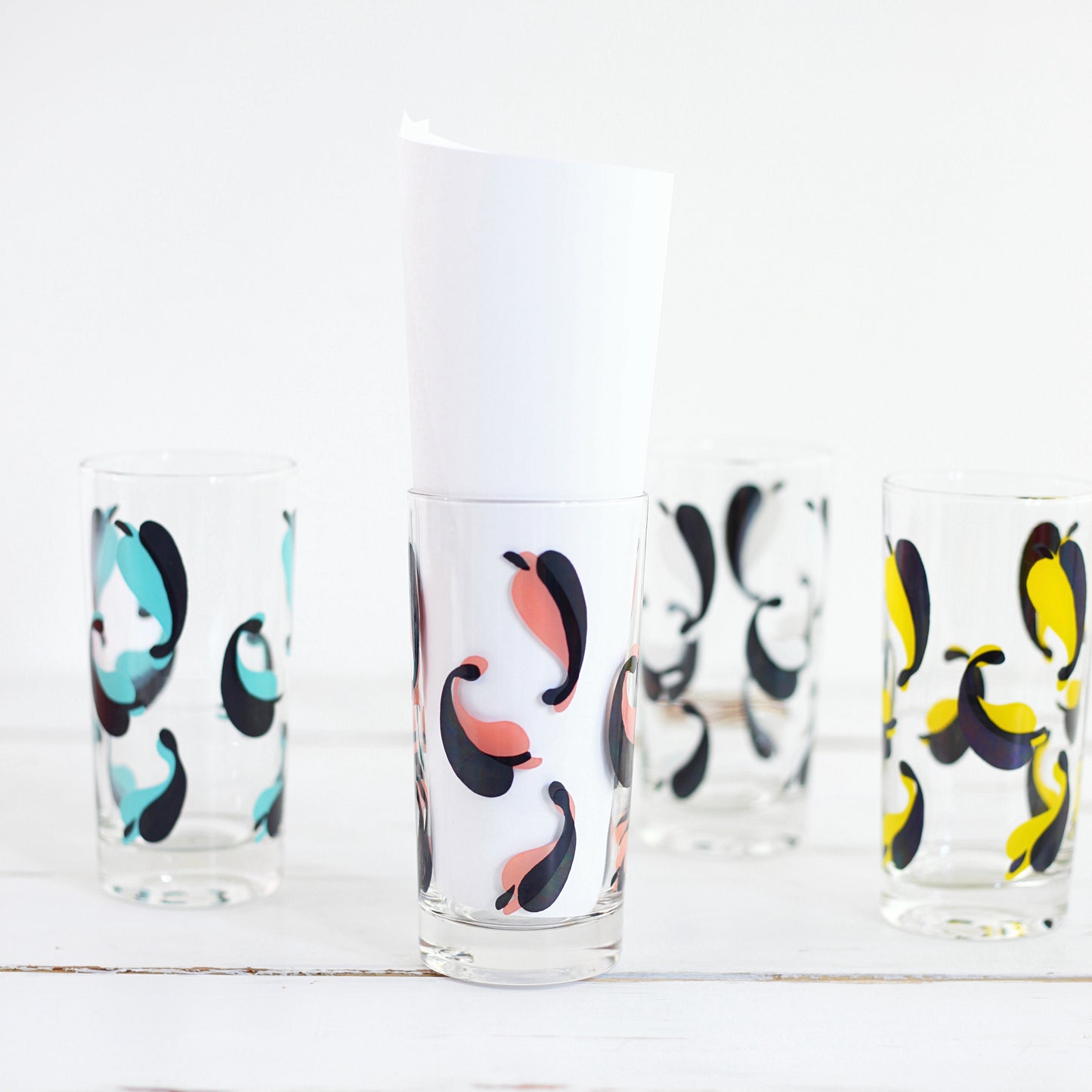 SOLD - Mid Century Modern Drinking Glasses / Colorful Leaves