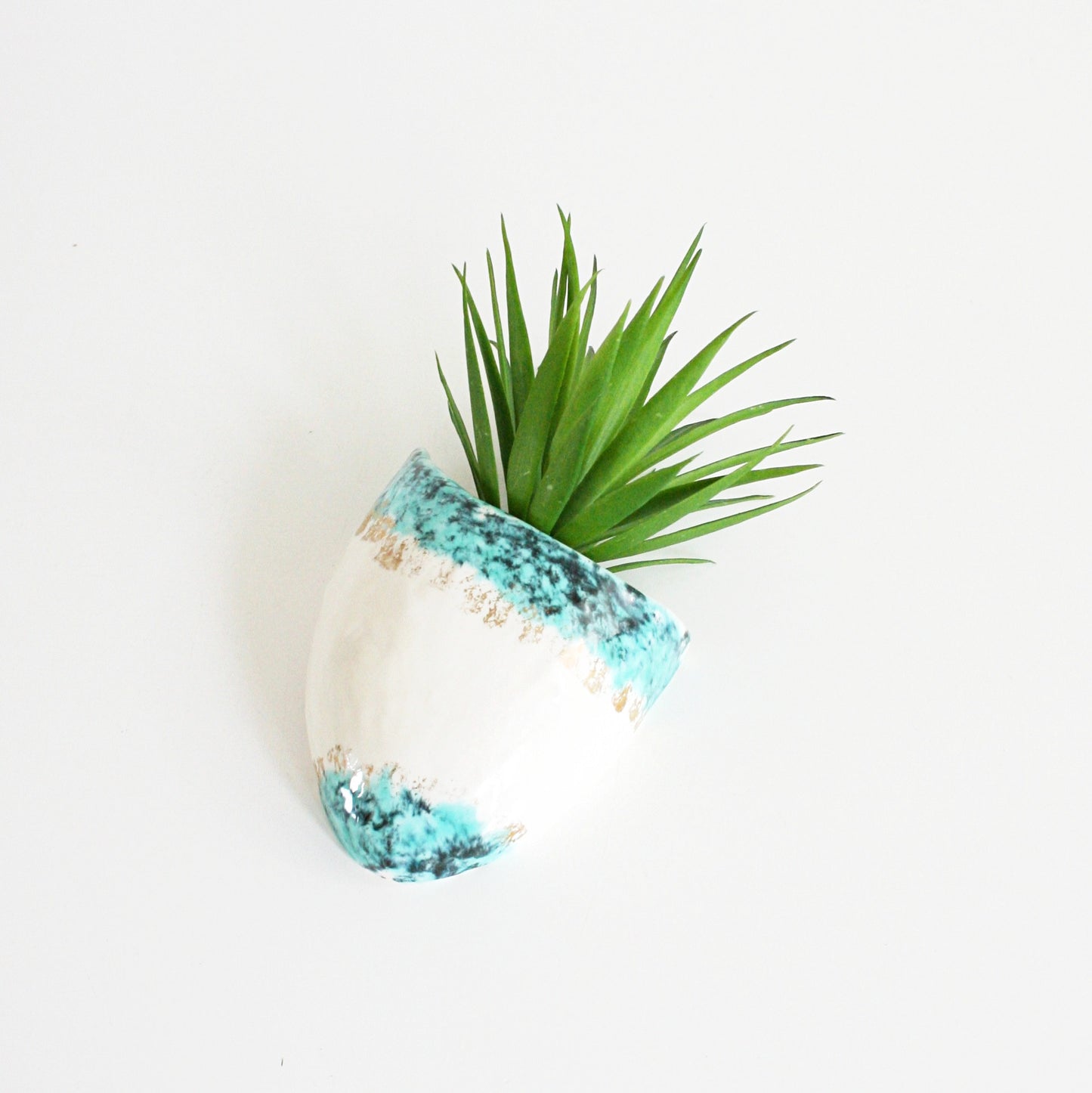 SOLD - Mid Century Modern White Turquoise and Gold Wall Pocket / Vintage Atomic Wall Planter