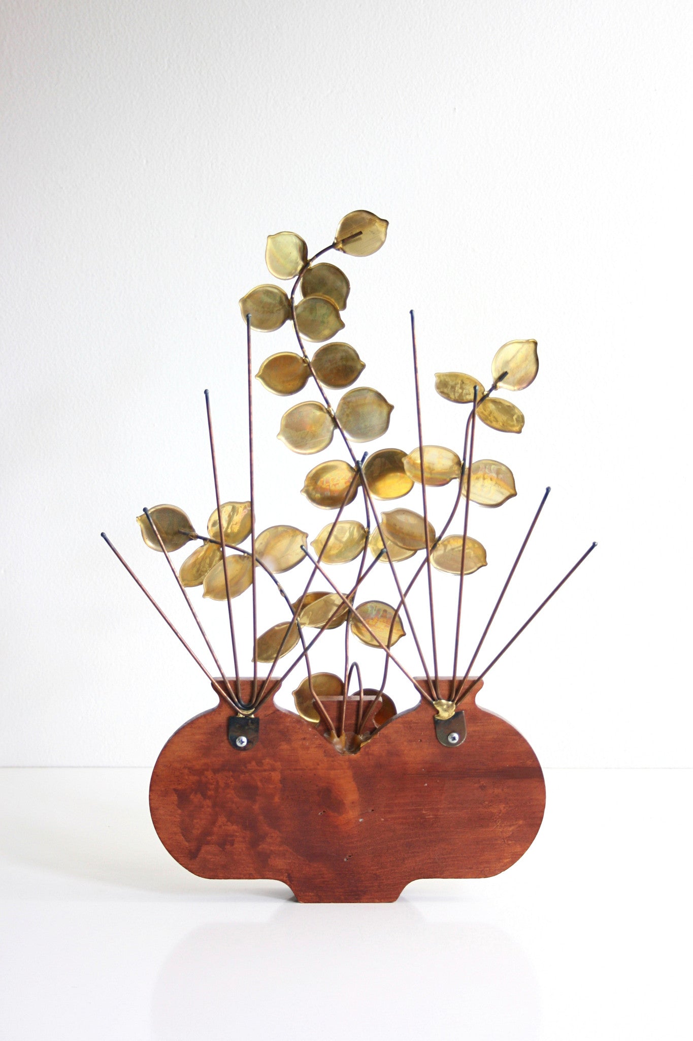 SOLD - Mid Century Modern Wood and Brass Plant Wall Hanging / Vintage Brass Plant Sculpture