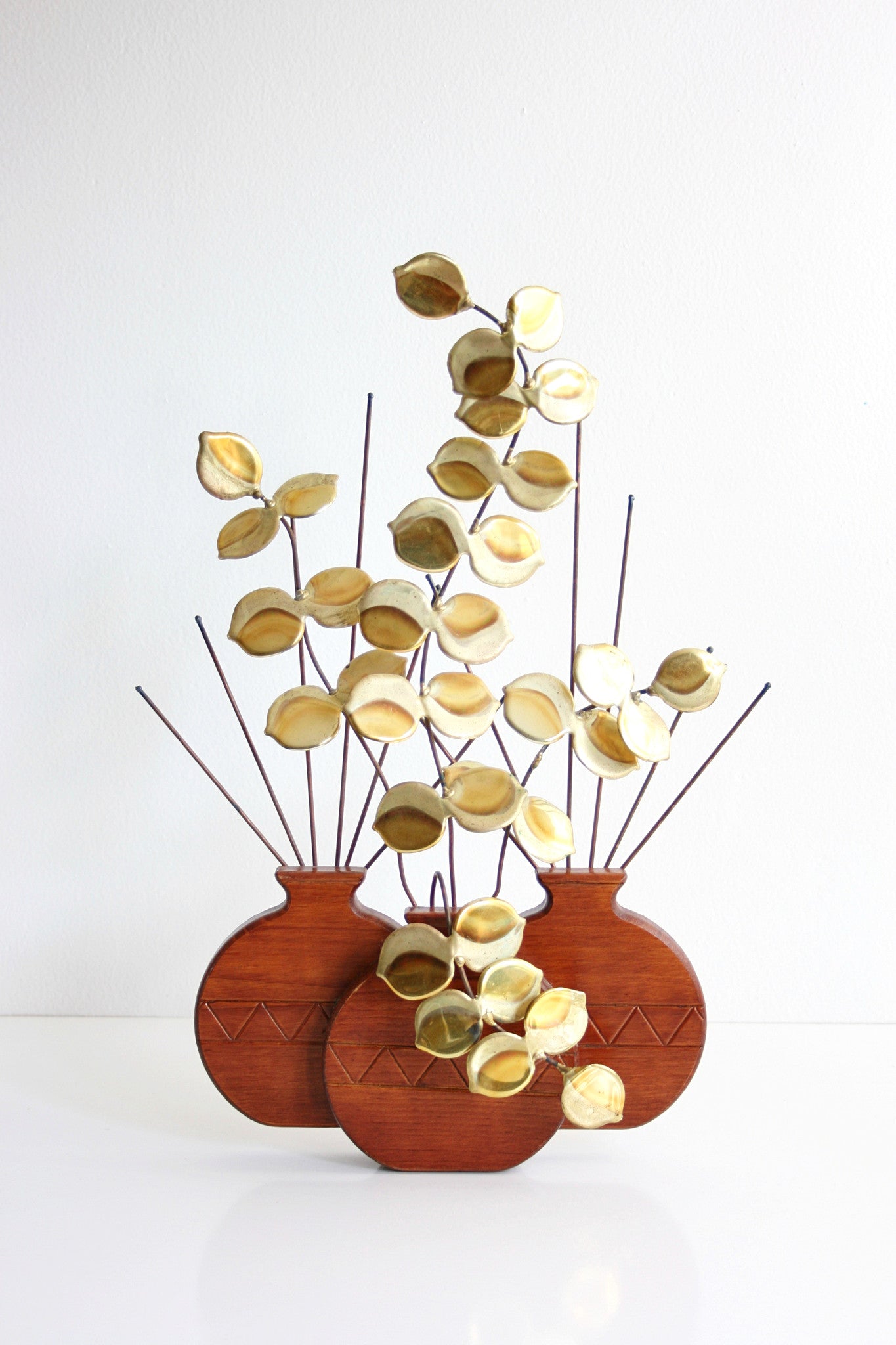 SOLD - Mid Century Modern Wood and Brass Plant Wall Hanging / Vintage Brass Plant Sculpture