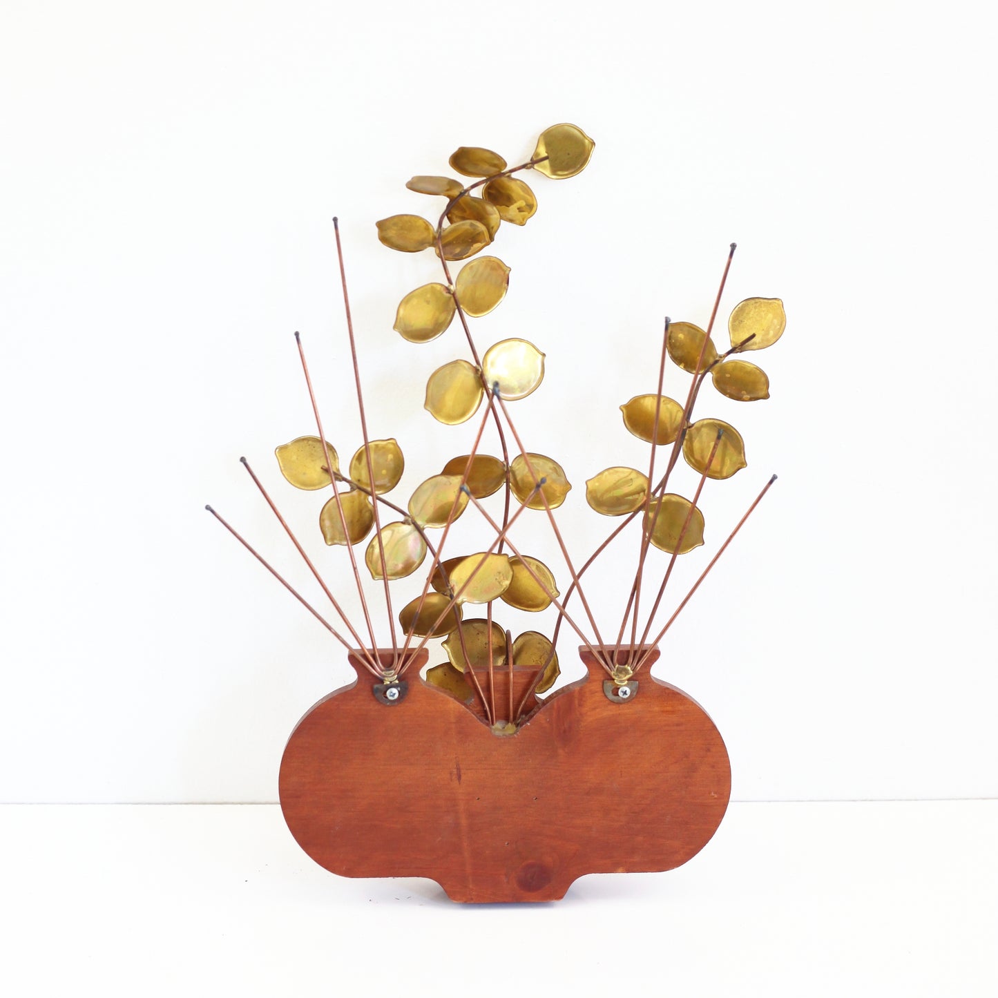 SOLD - Mid Century Modern Wood & Brass Plant Wall Hanging
