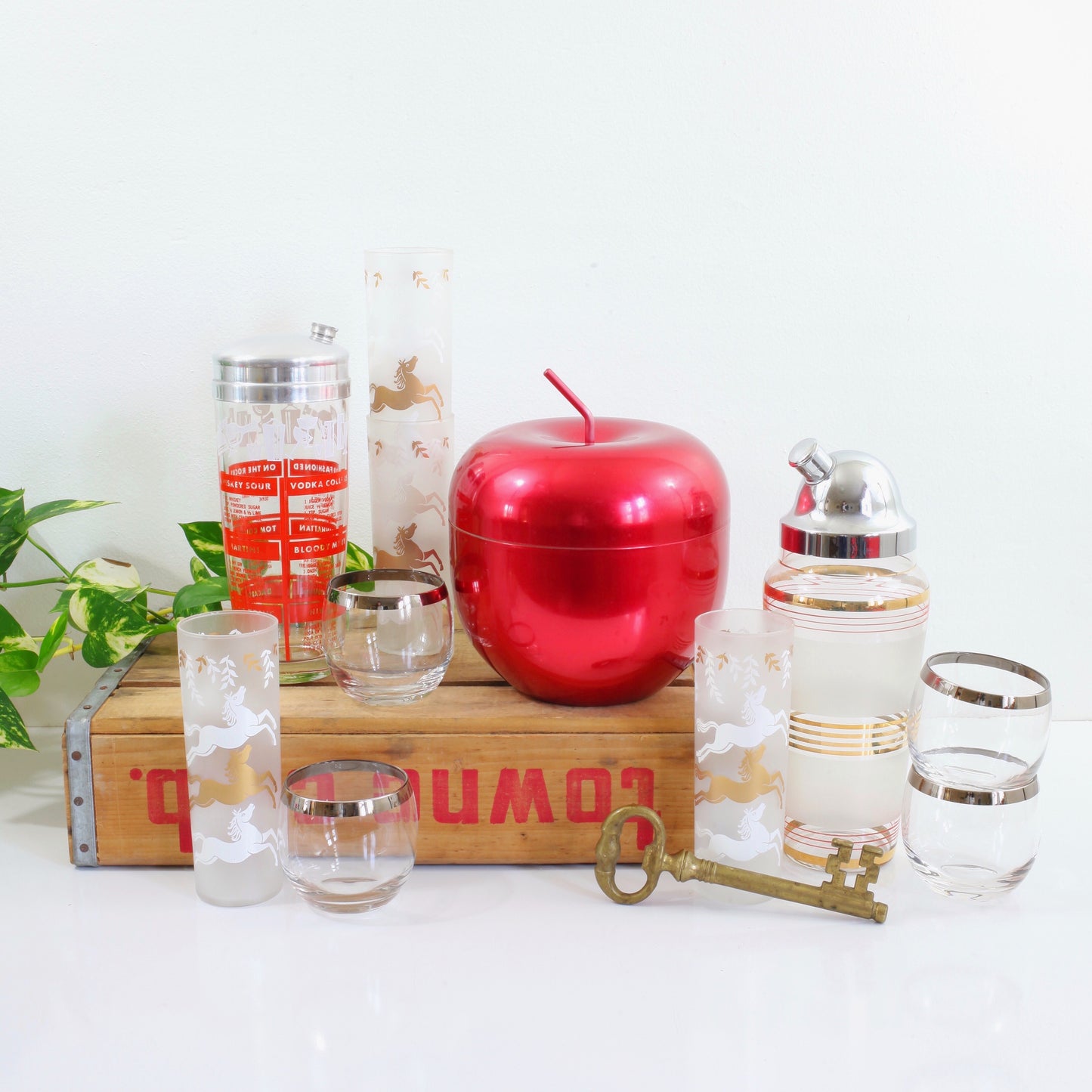 SOLD - Vintage Frosted Red & Gold Striped Cocktail Shaker with Chrome Lid