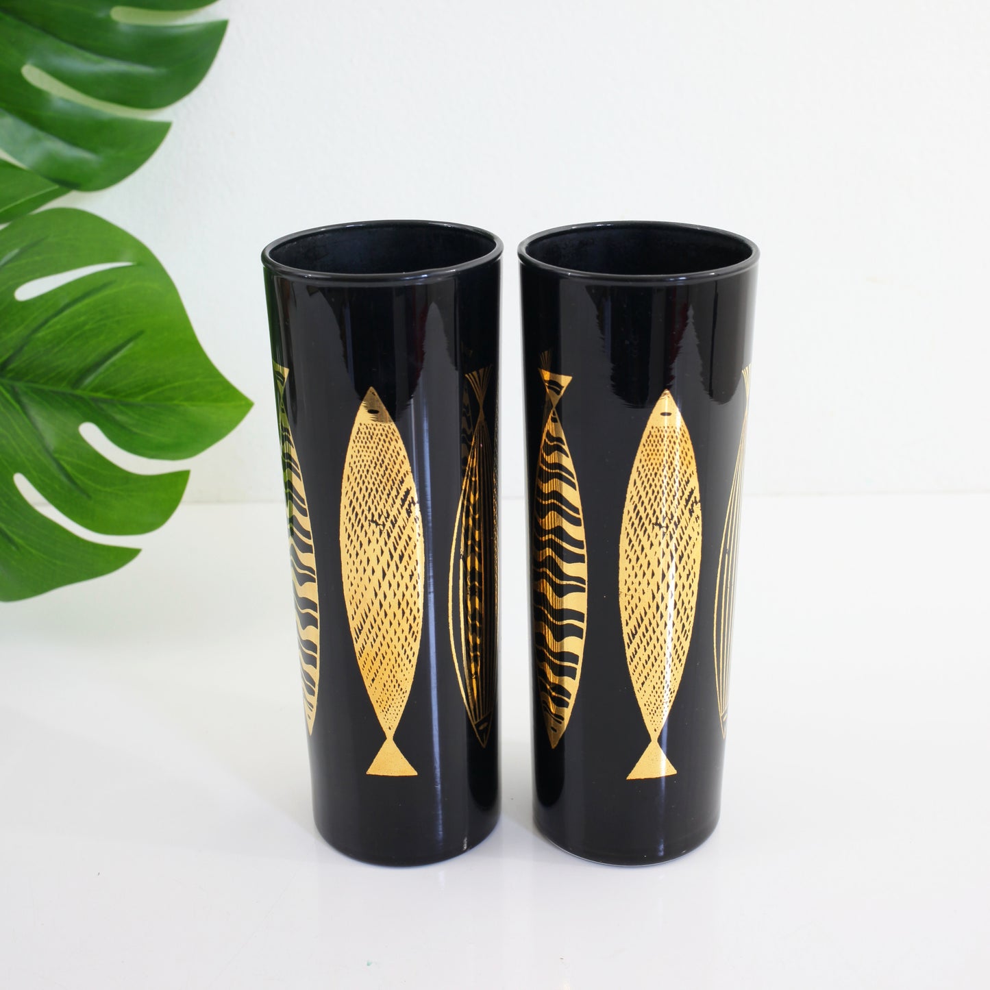 SOLD - Mid Century Modern Black & Gold Fred Press Fish Glasses