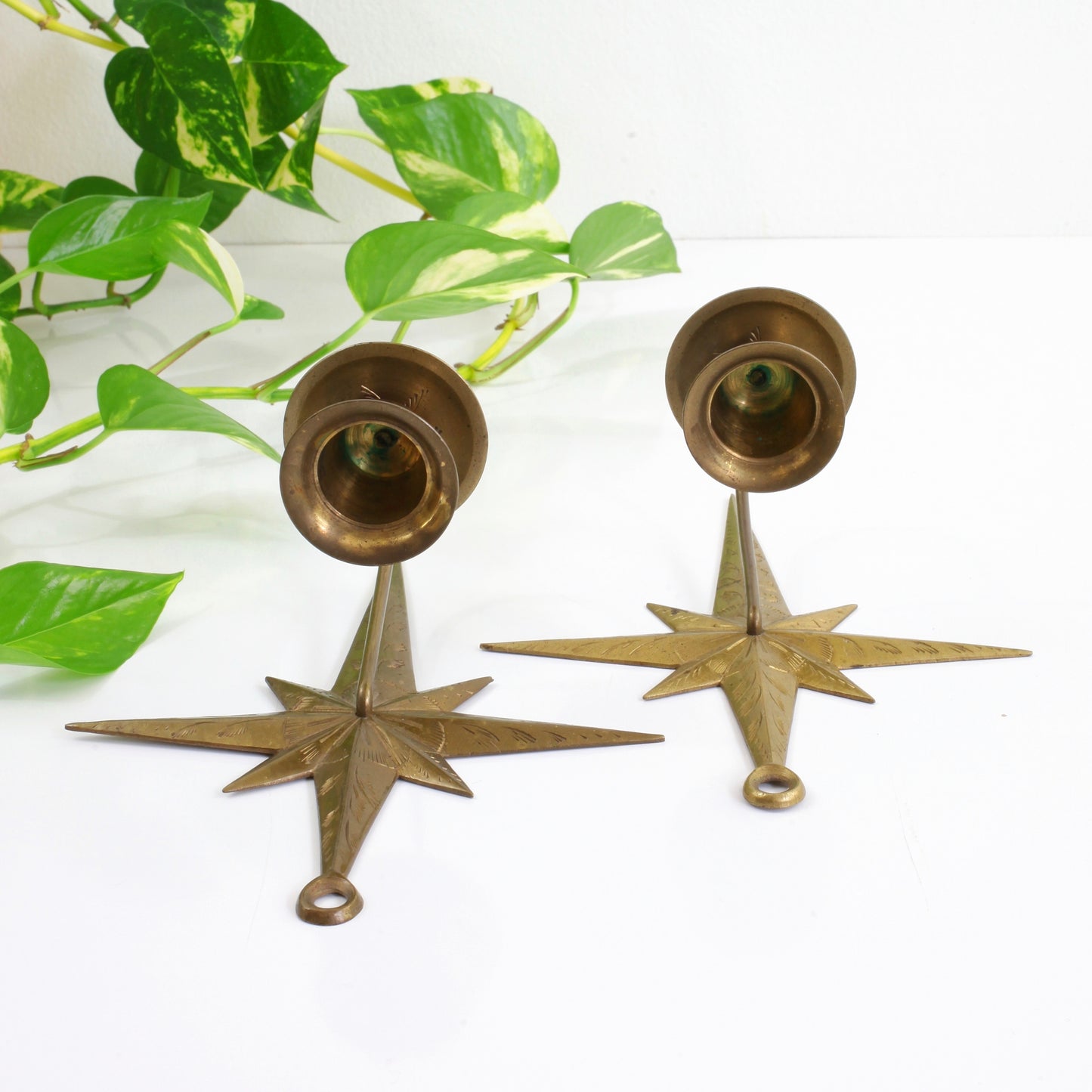 SOLD - Mid Century Modern Brass Starburst Wall Sconce Candle Holders