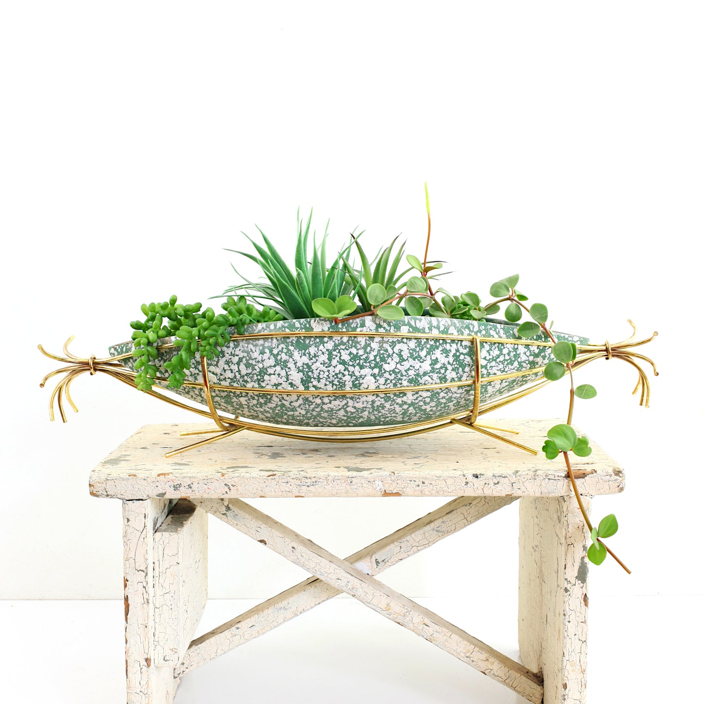 Mid Century Modern Green Ceramic Splatter Glaze Planter with Gold Wire Stand