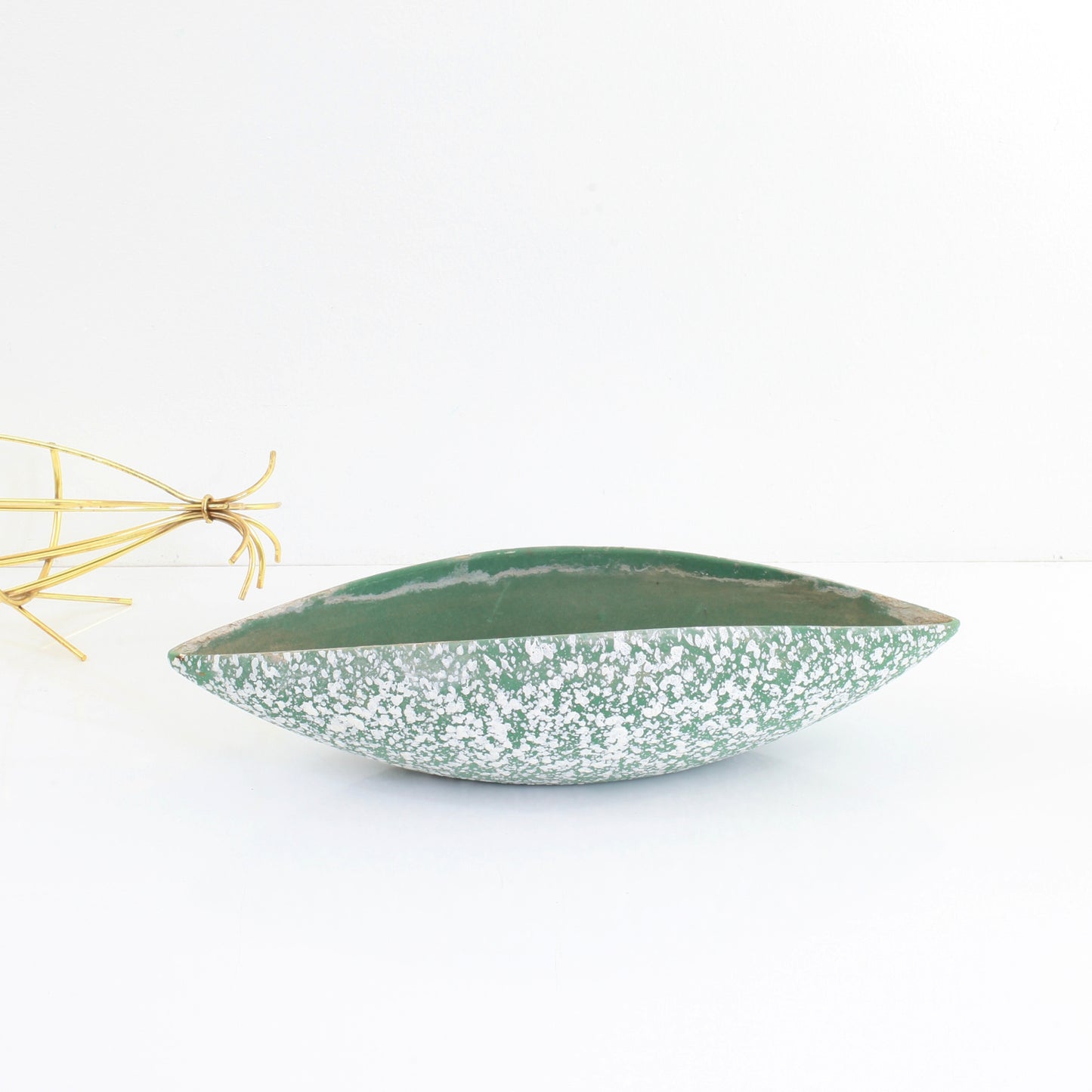 Mid Century Modern Green Ceramic Splatter Glaze Planter with Gold Wire Stand