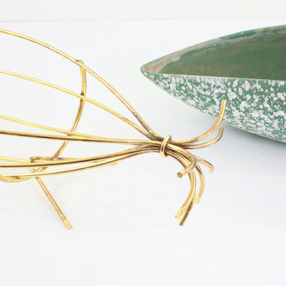 Mid Century Modern Green Ceramic Splatter Glaze Planter with Gold Wire Stand