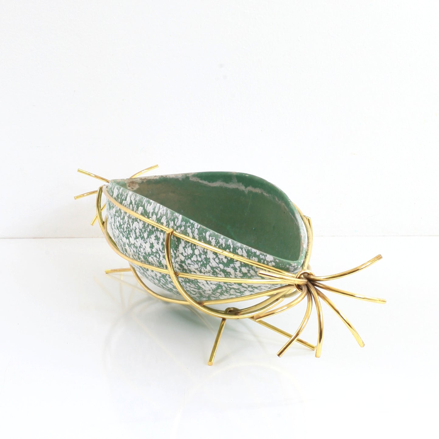 Mid Century Modern Green Ceramic Splatter Glaze Planter with Gold Wire Stand