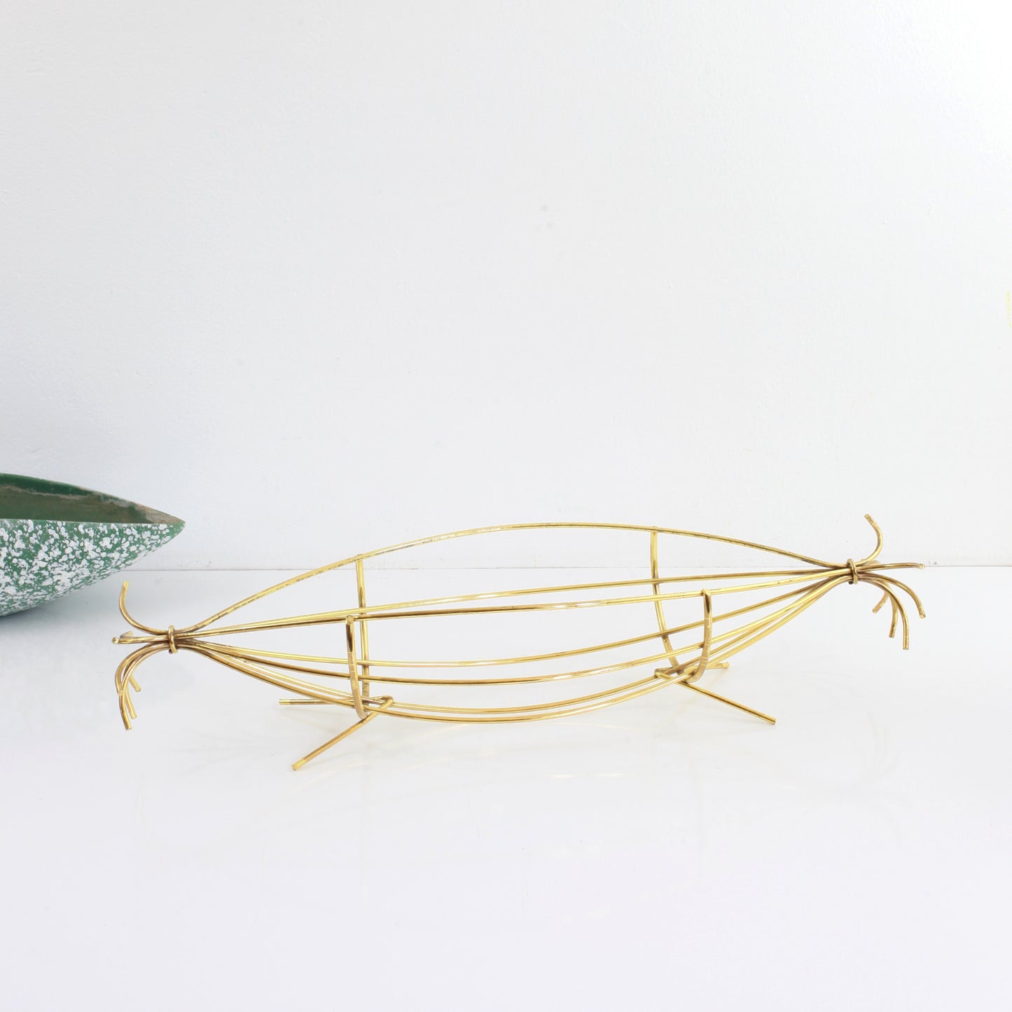 Mid Century Modern Green Ceramic Splatter Glaze Planter with Gold Wire Stand