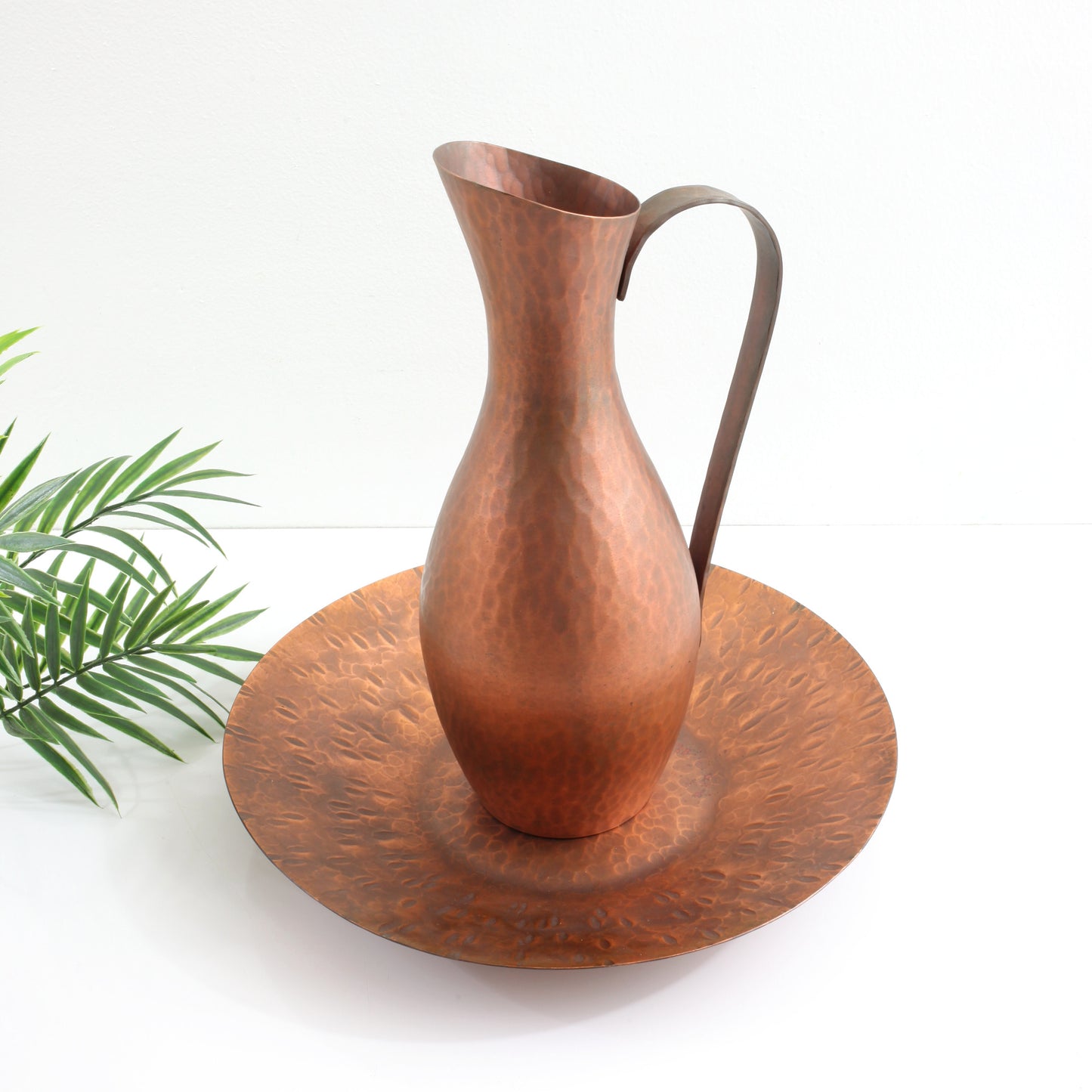 Mid Century Modern Hammered Copper Pitcher & Plate