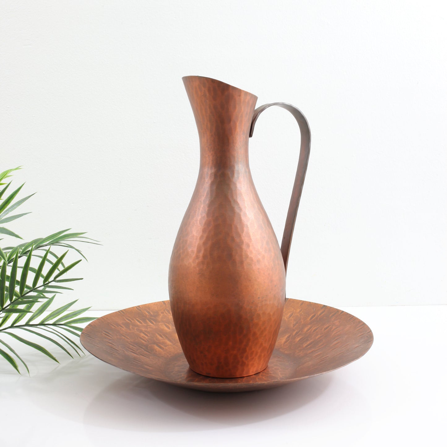 Mid Century Modern Hammered Copper Pitcher & Plate