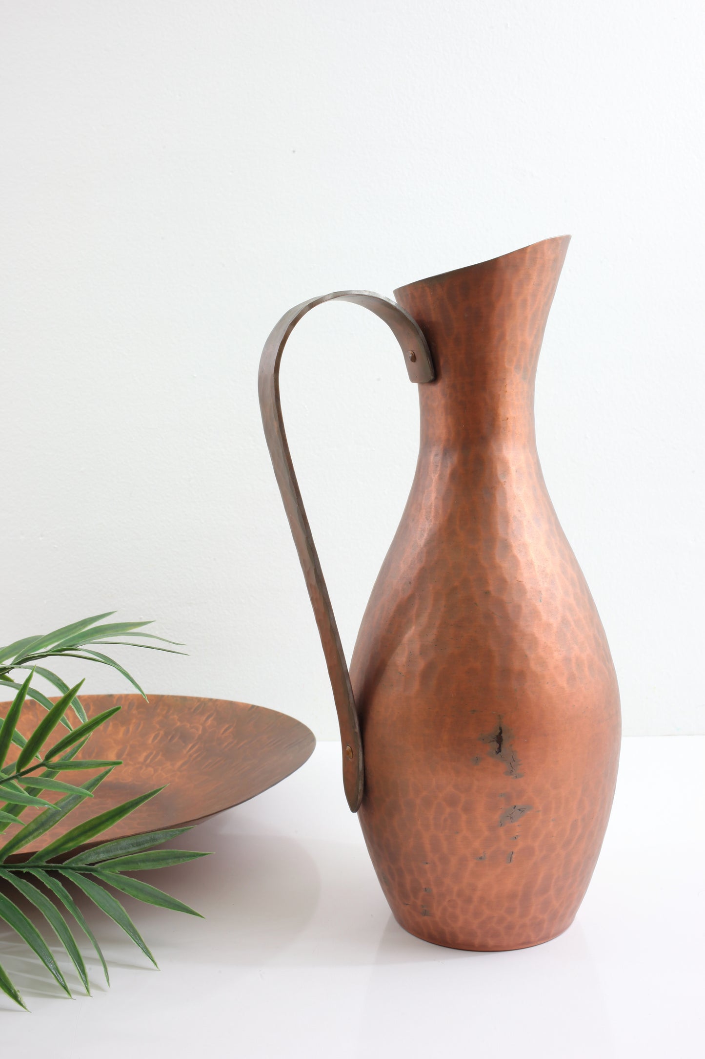 Mid Century Modern Hammered Copper Pitcher & Plate