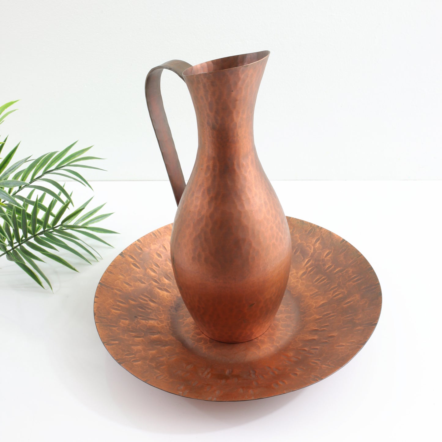 Mid Century Modern Hammered Copper Pitcher & Plate