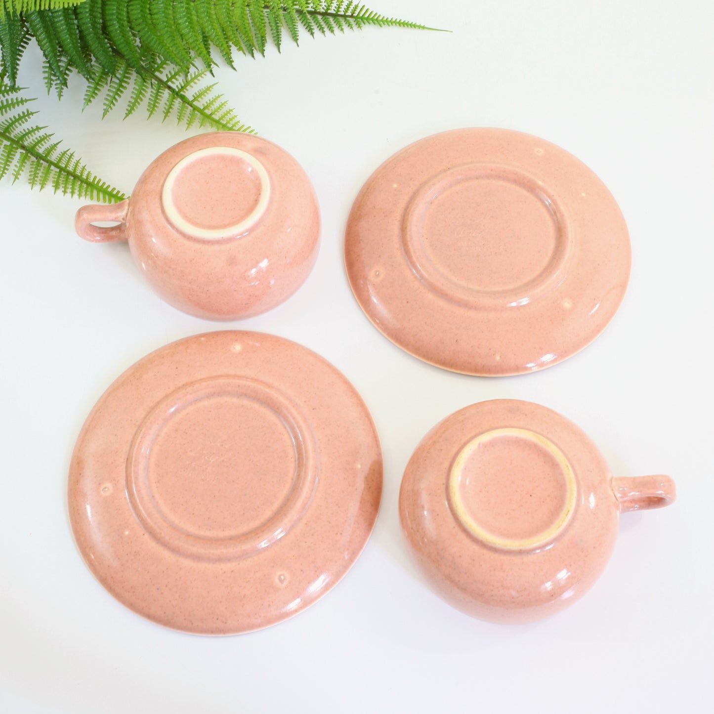 SOLD - Mid Century American Modern Coral Coffee Cups & Saucers by Russel Wright for Steubenville