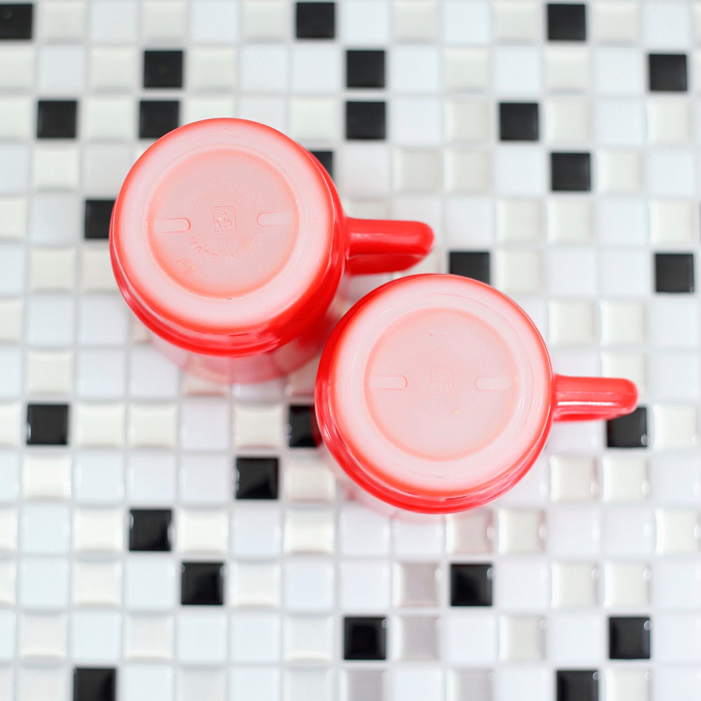 SOLD - Vintage Red Stacking Anchor Hocking Milk Glass Mugs