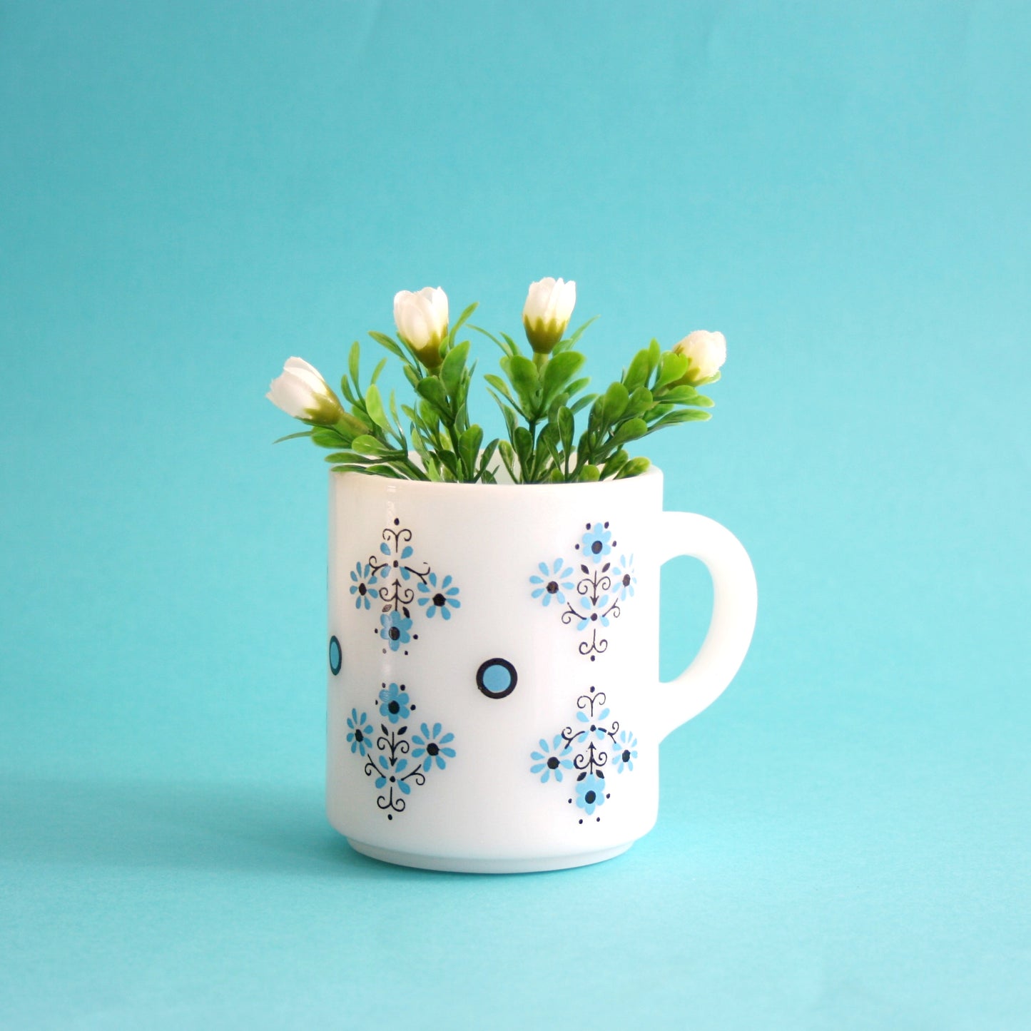 SOLD - Vintage Aqua Blue Flowers Milk Glass Mug by Glasbake