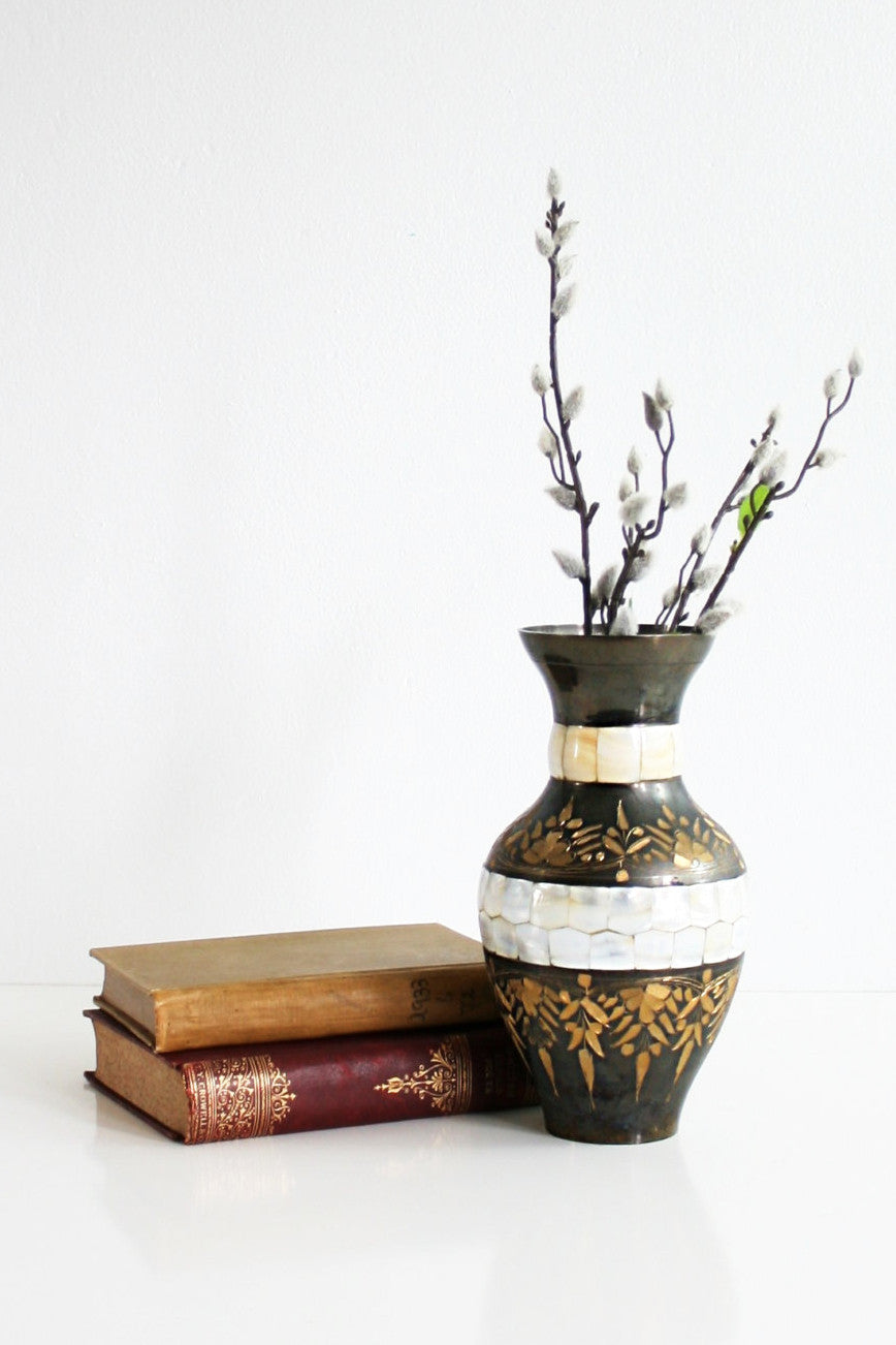 SOLD - Vintage Etched India Brass Gold & Black Enameled Vase with Mother of Pearl Inlay