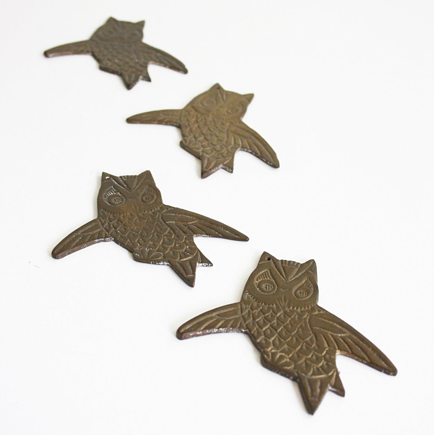 SOLD - Vintage Brass Owl Findings / Set of Four Owl Ornaments / Brass Owl Wind Chimes