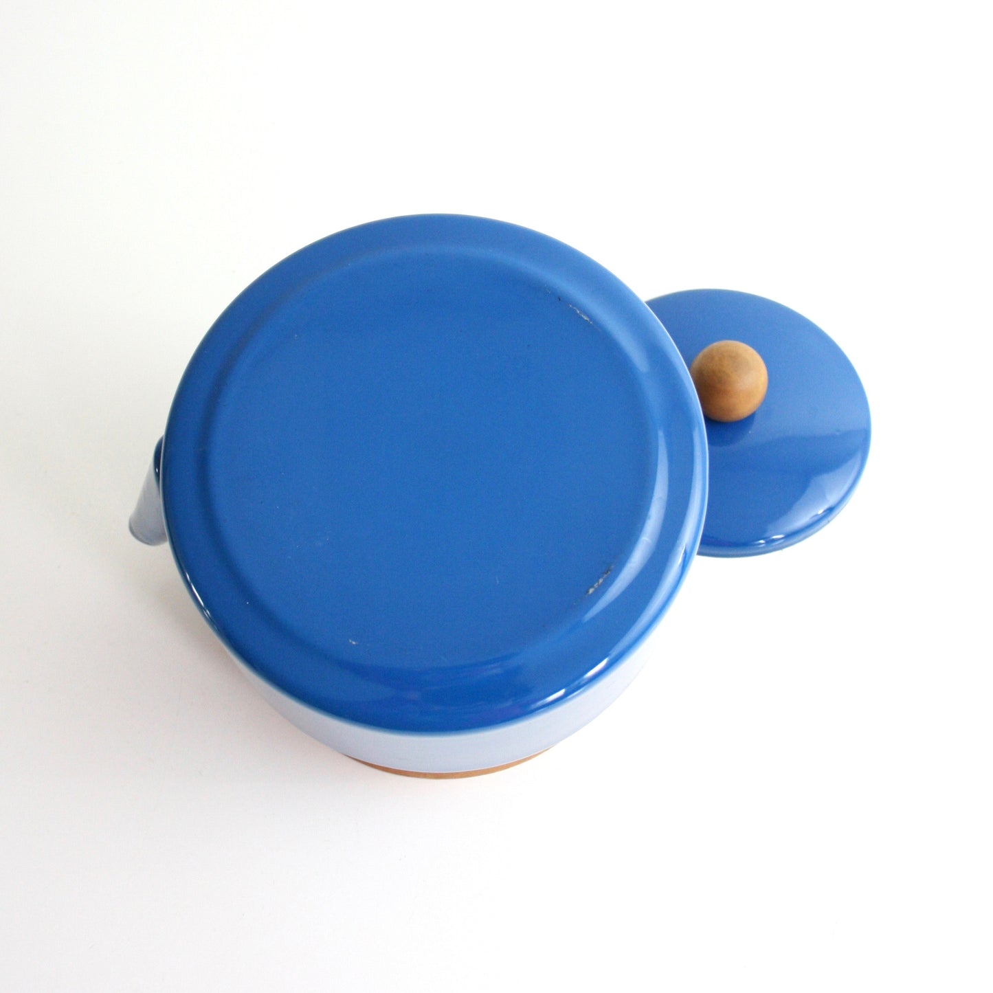 SOLD - Mid Century Enamel Tea Kettle with Wood Handle / Vintage Blue Enamel Tea Kettle