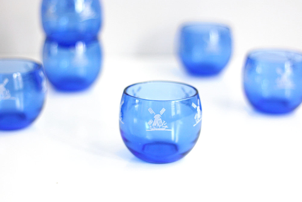 SOLD - Vintage Hazel Atlas Windmill Glasses / 1930s Cobalt Blue Depression Glass