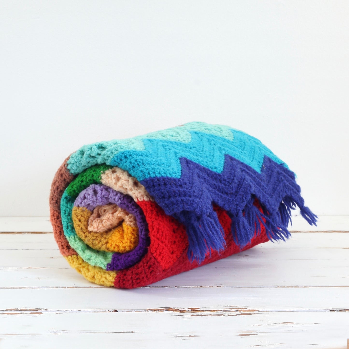 SOLD - Vintage Crochet Chevron Rainbow Afghan Throw