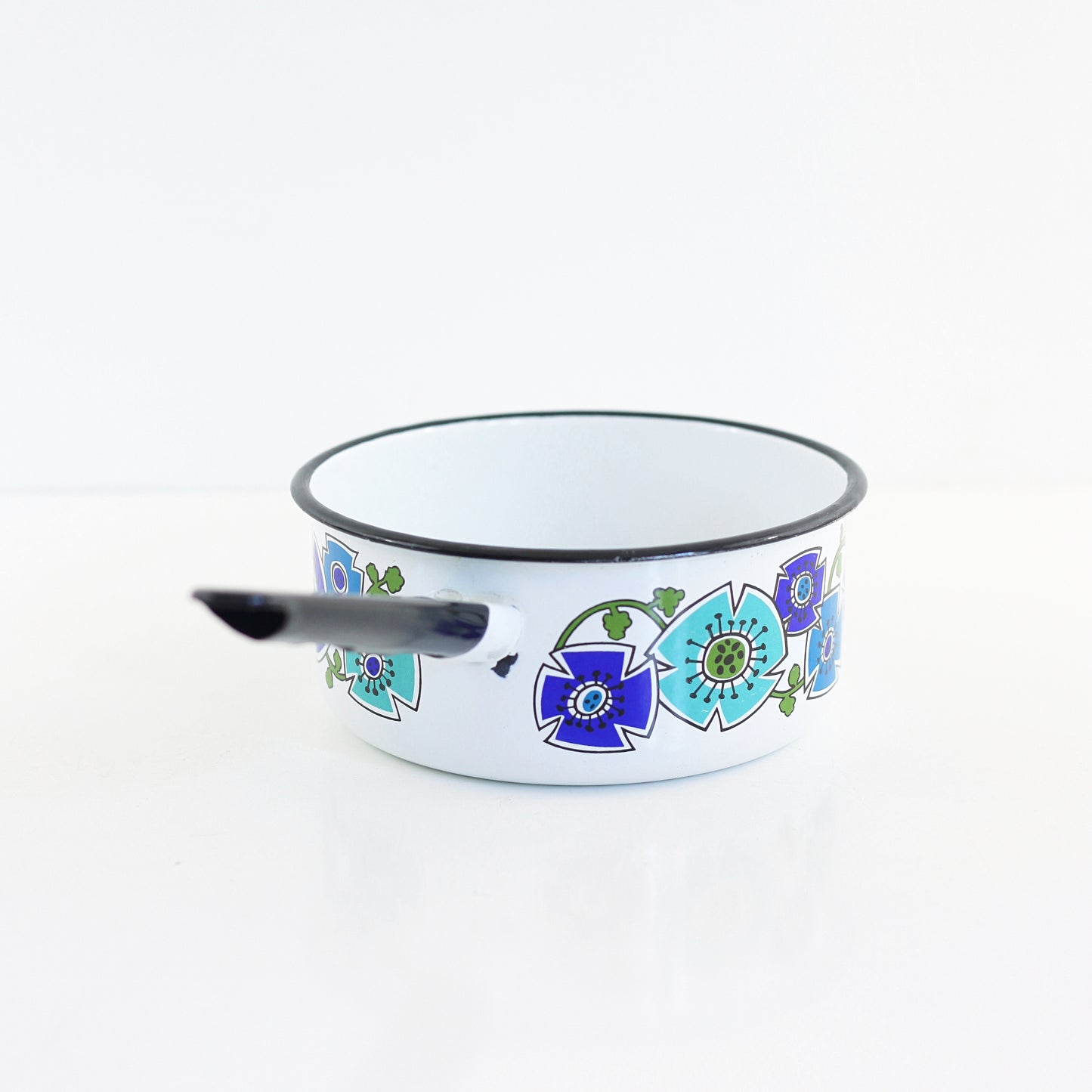 SOLD - Vintage Enamel Sauce Pan with Turquoise & Cobalt Flowers