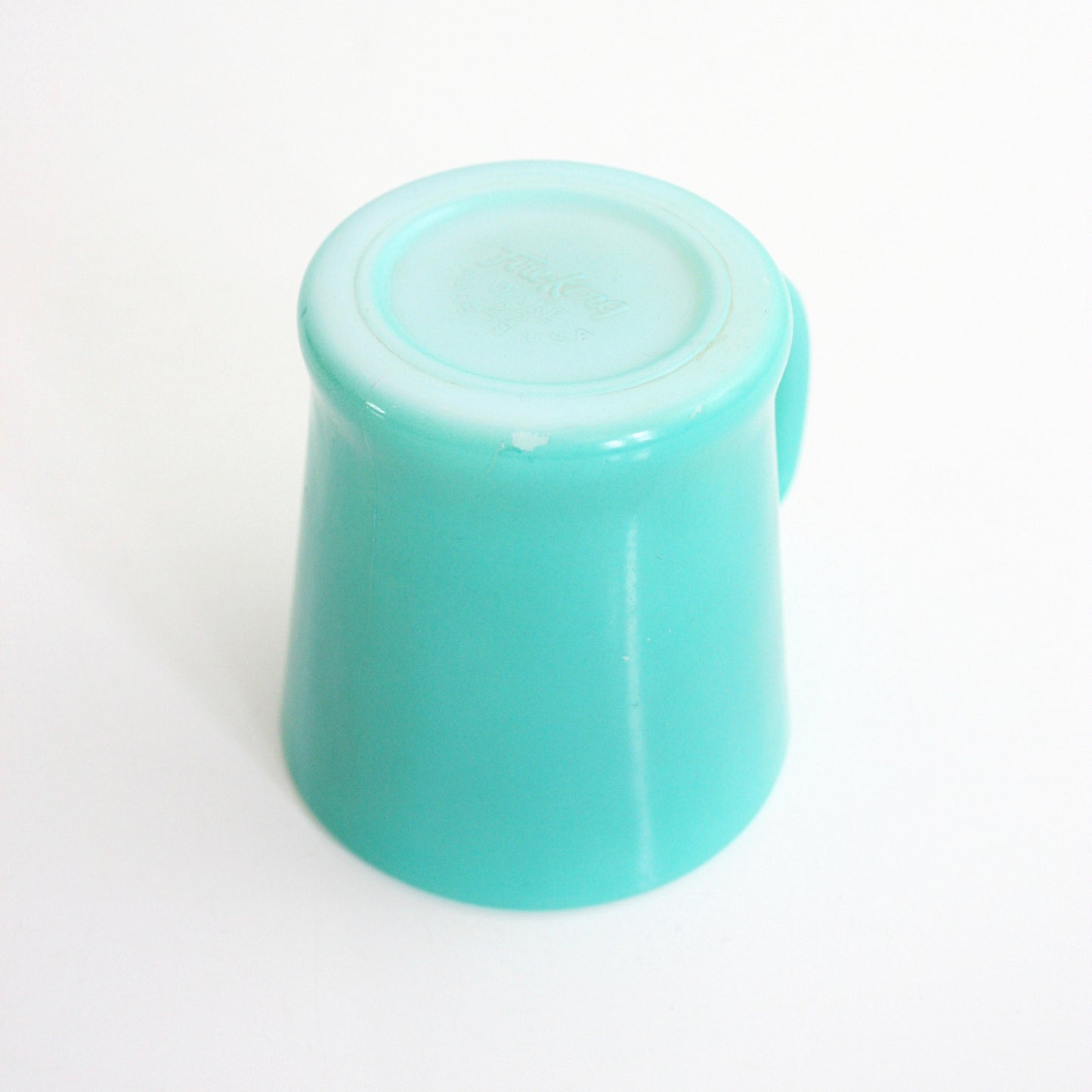 SOLD - Mid Century Aqua Blue Fire King D Handle Milk Glass Mug