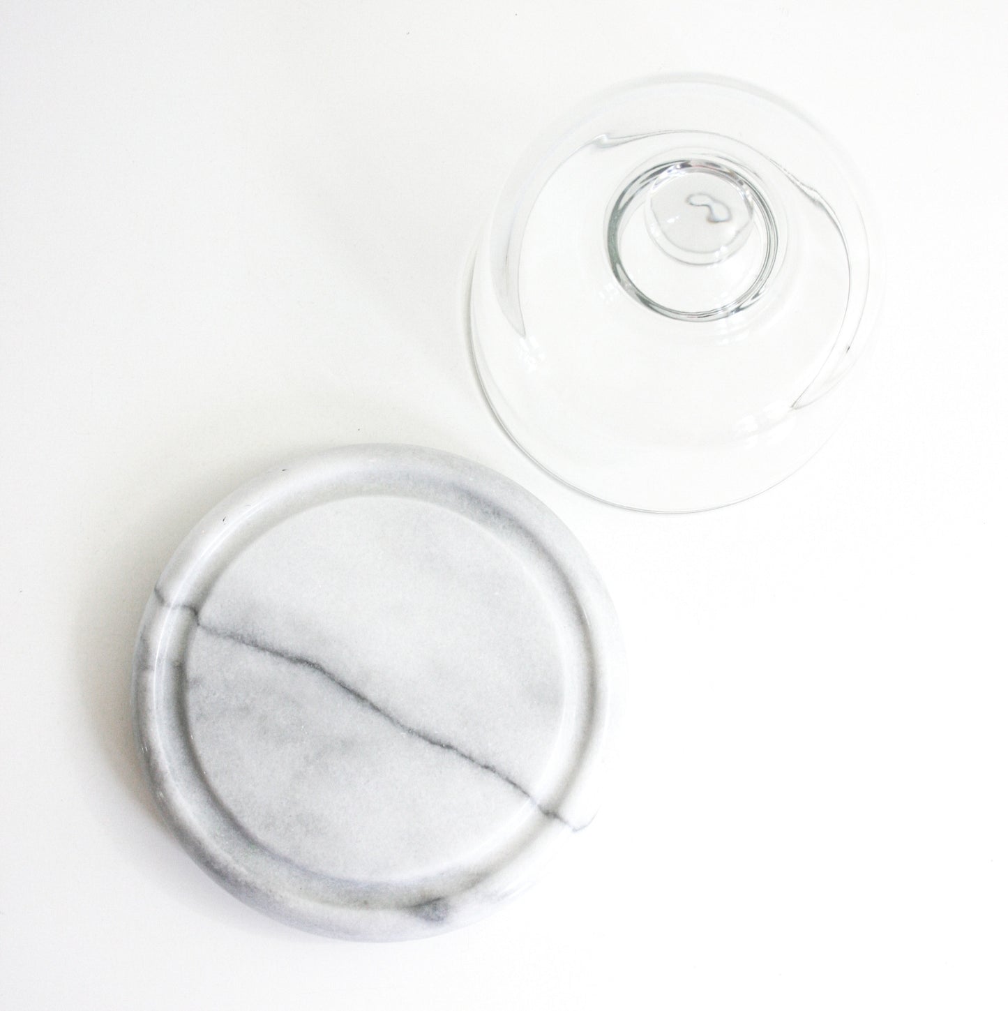 SOLD - Vintage Solid Marble and Glass Cheese Board / Glass Display Cloche with Marble Base