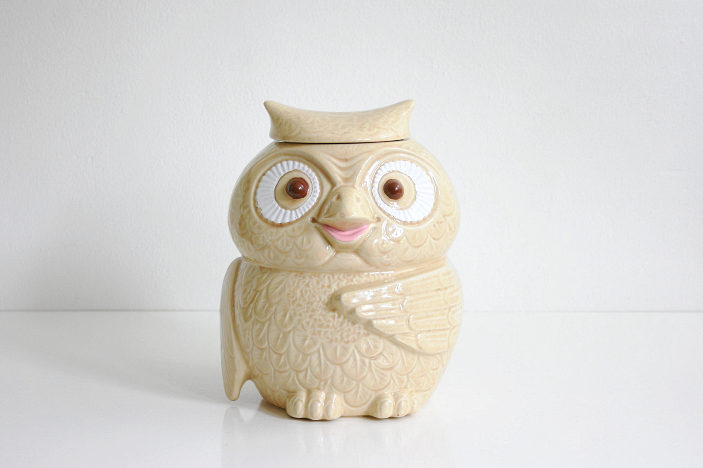 SOLD - Vintage McCoy Woodsy Owl Cookie Jar / Mid Century McCoy Owl Canister in Cream and Pink