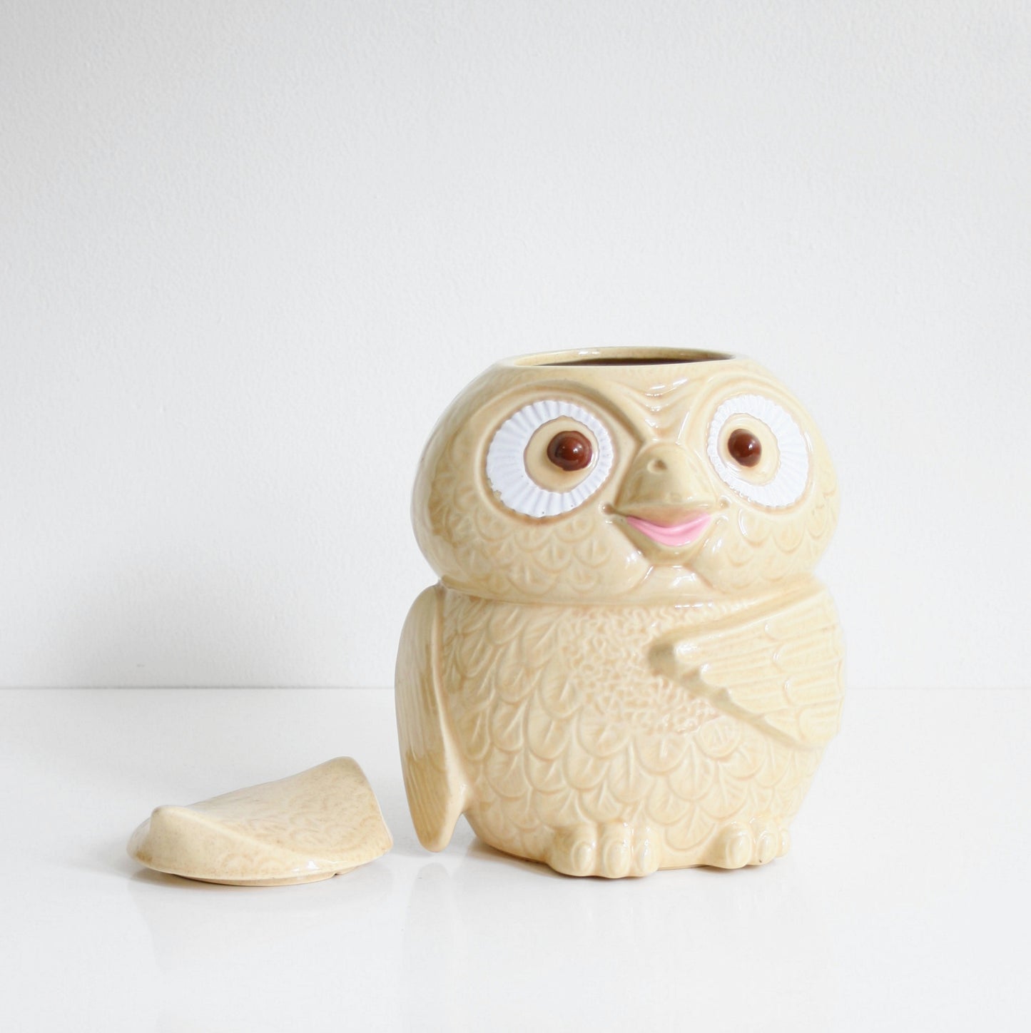 SOLD - Vintage McCoy Woodsy Owl Cookie Jar / Mid Century McCoy Owl Canister in Cream and Pink