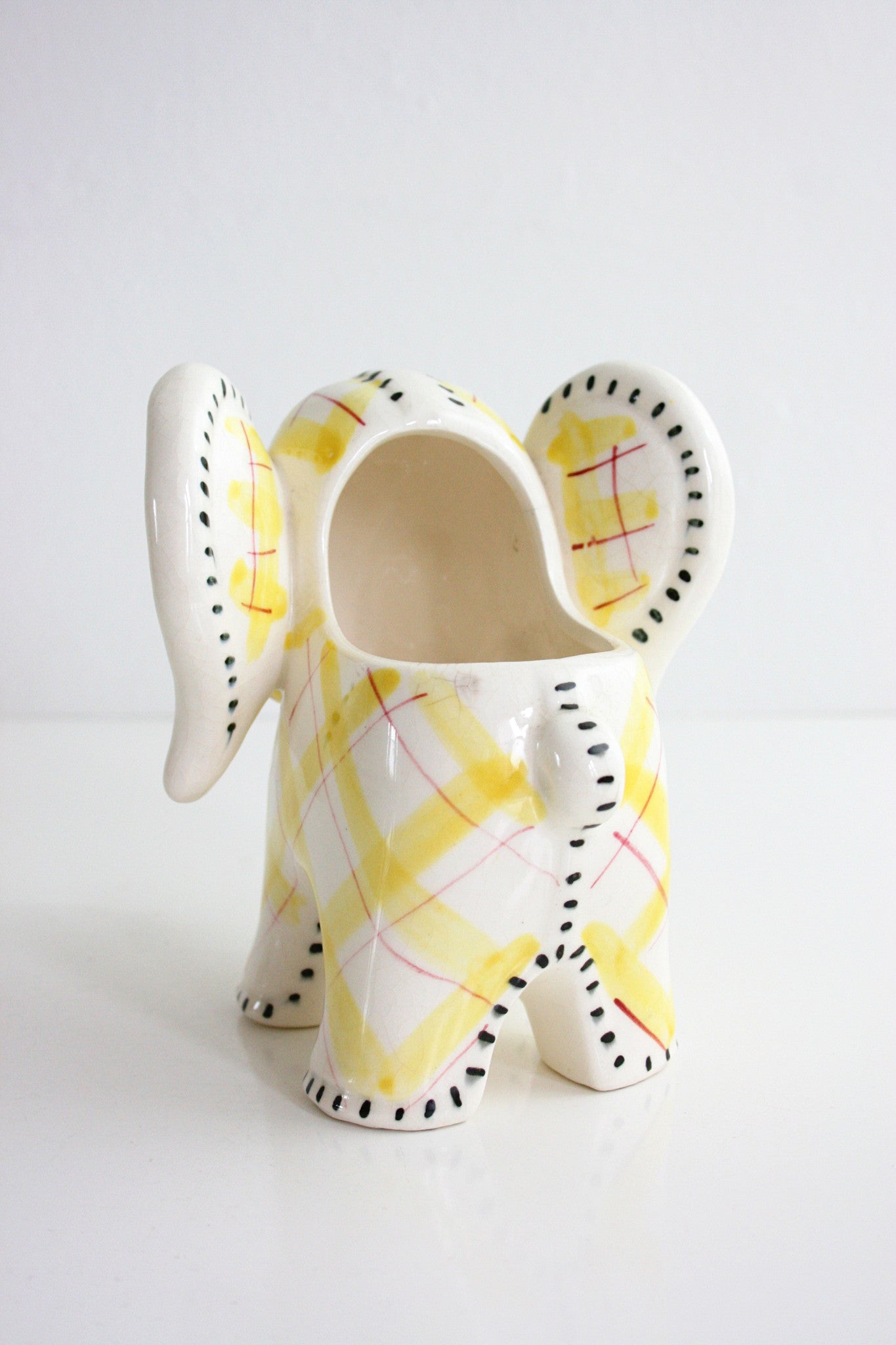 SOLD - Vintage Pastel Plaid Ceramic Elephant Planter