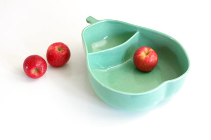 SOLD - Mid Century Aqua Ceramic Divided Pear Bowl by Pfaltzgraff