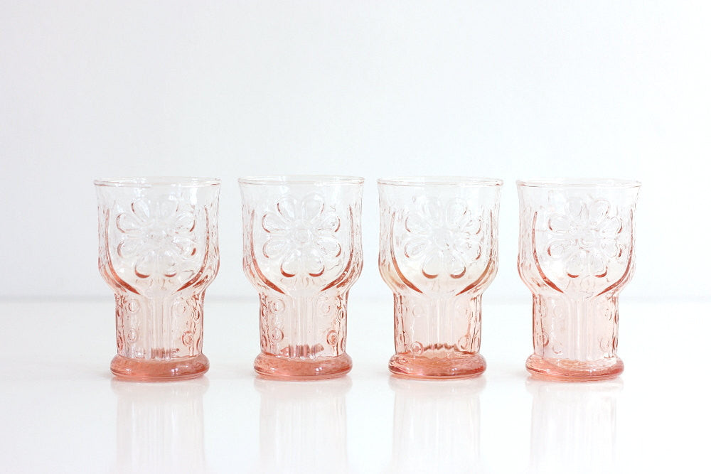 SOLD - Vintage Pink Country Garden Flower Glasses by Libbey / Vintage Colored Glassware