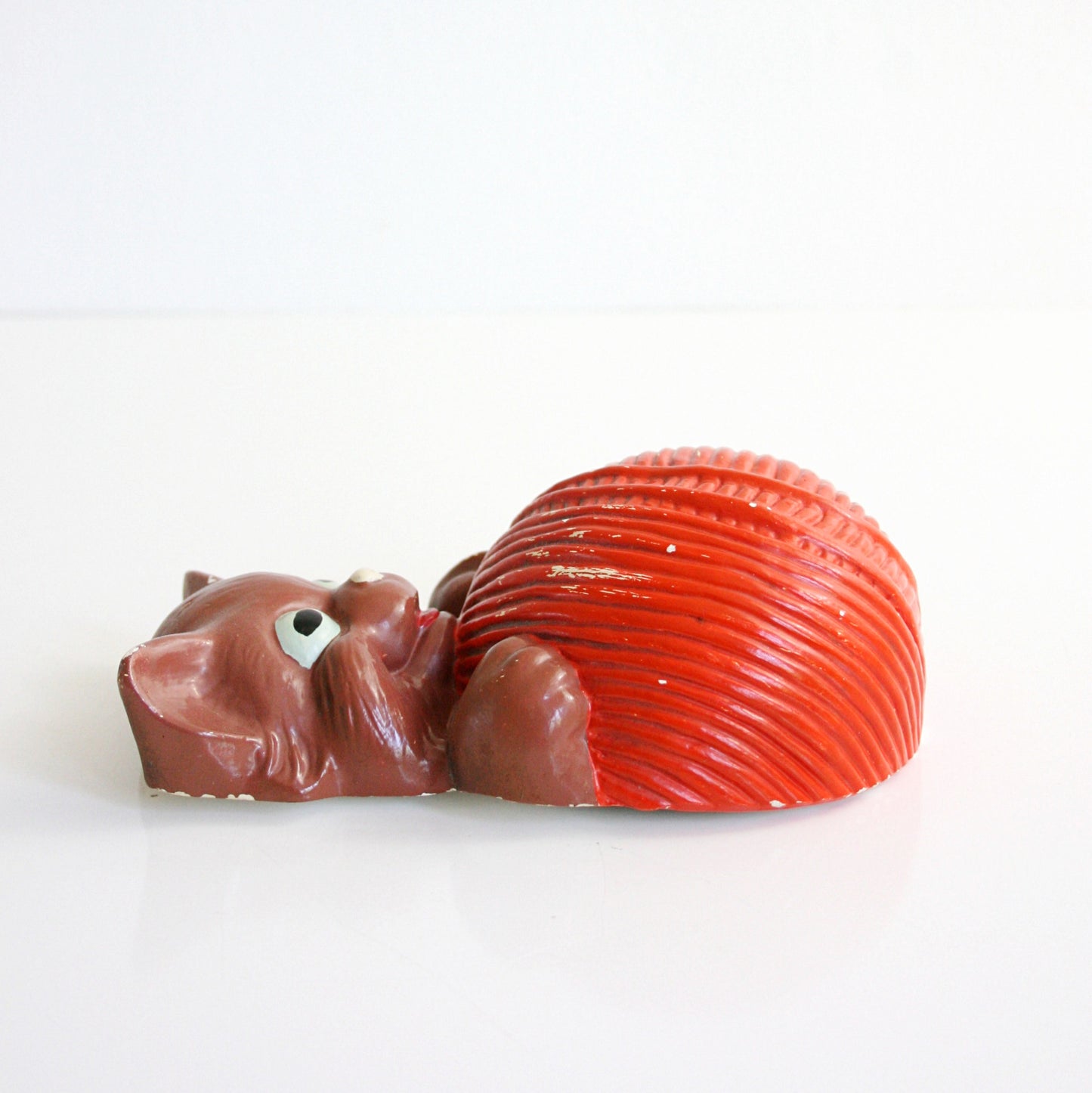 SOLD - Vintage Plaster Kitten String Holder / 1940s Chalkware Cat String Dispenser