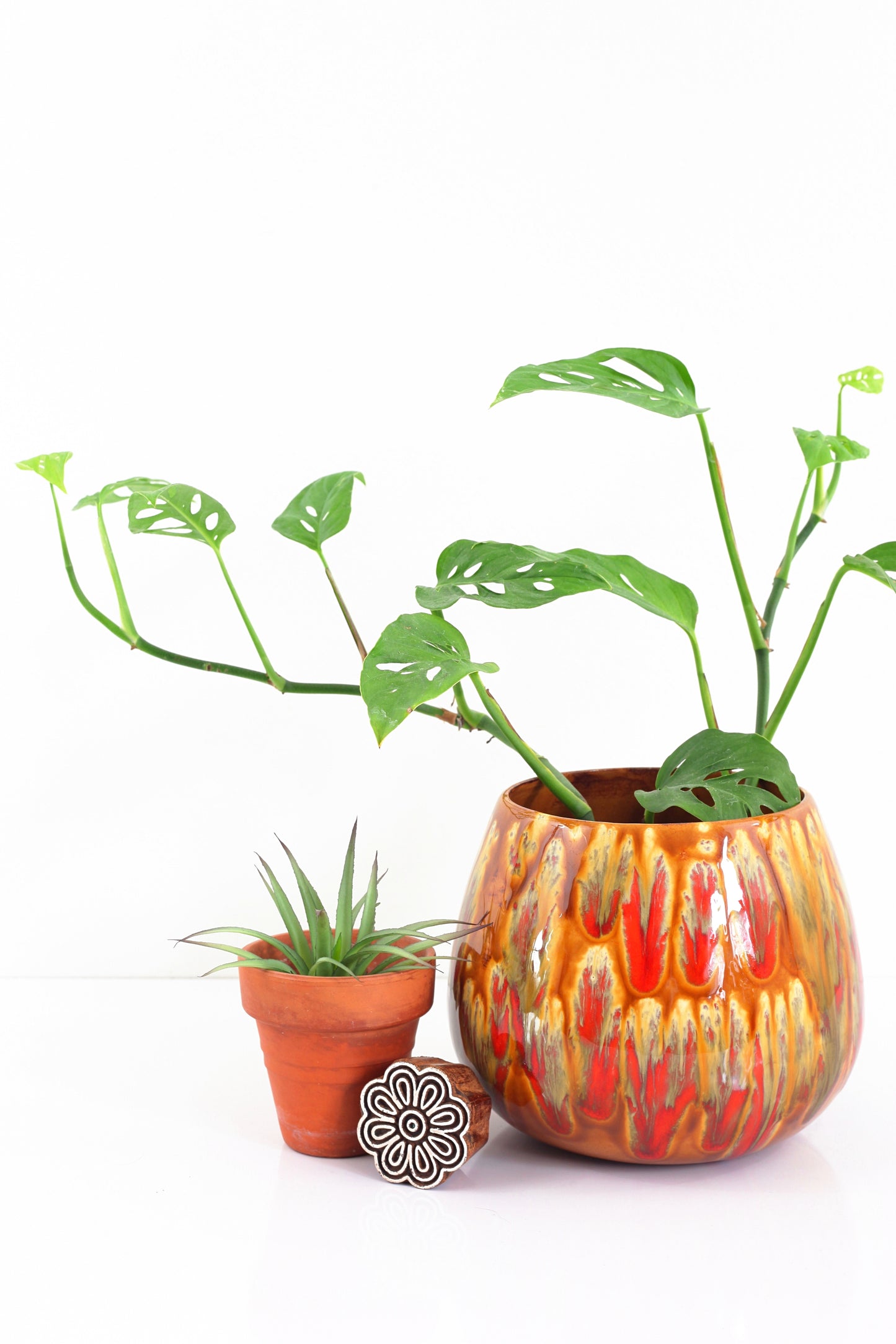 SOLD - Vintage Caramel & Tomato Red Drip Glaze Planter