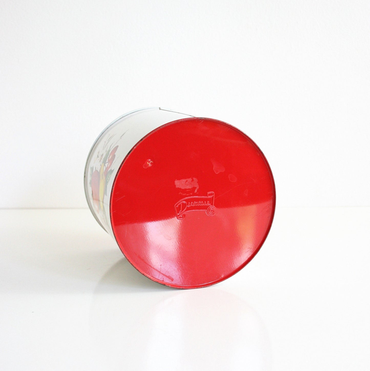 SOLD - Vintage Decoware Fruit Kitchen Canister / Vintage Red and White Kitchen Tin