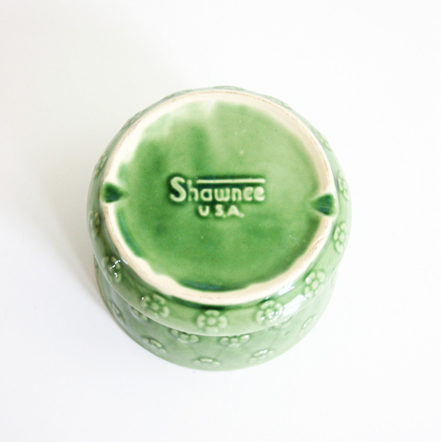 SOLD - Vintage Shawnee Quilted Daisy Planter / Mid Century Green Ceramic Flower Pot With Saucer