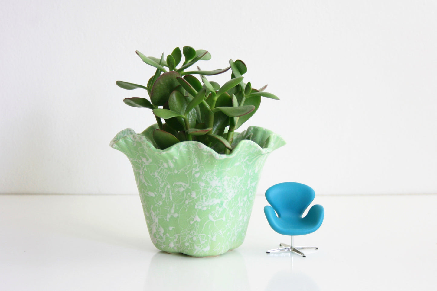 SOLD - Mid Century Modern Mint Green Splatter Glaze Cameo Planter by Shawnee