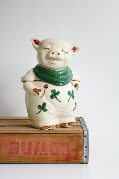 SOLD - Vintage Shawnee Shamrock Pig Cookie Jar / Antique 1940s Shawnee Smiley Pig Ceramic Canister