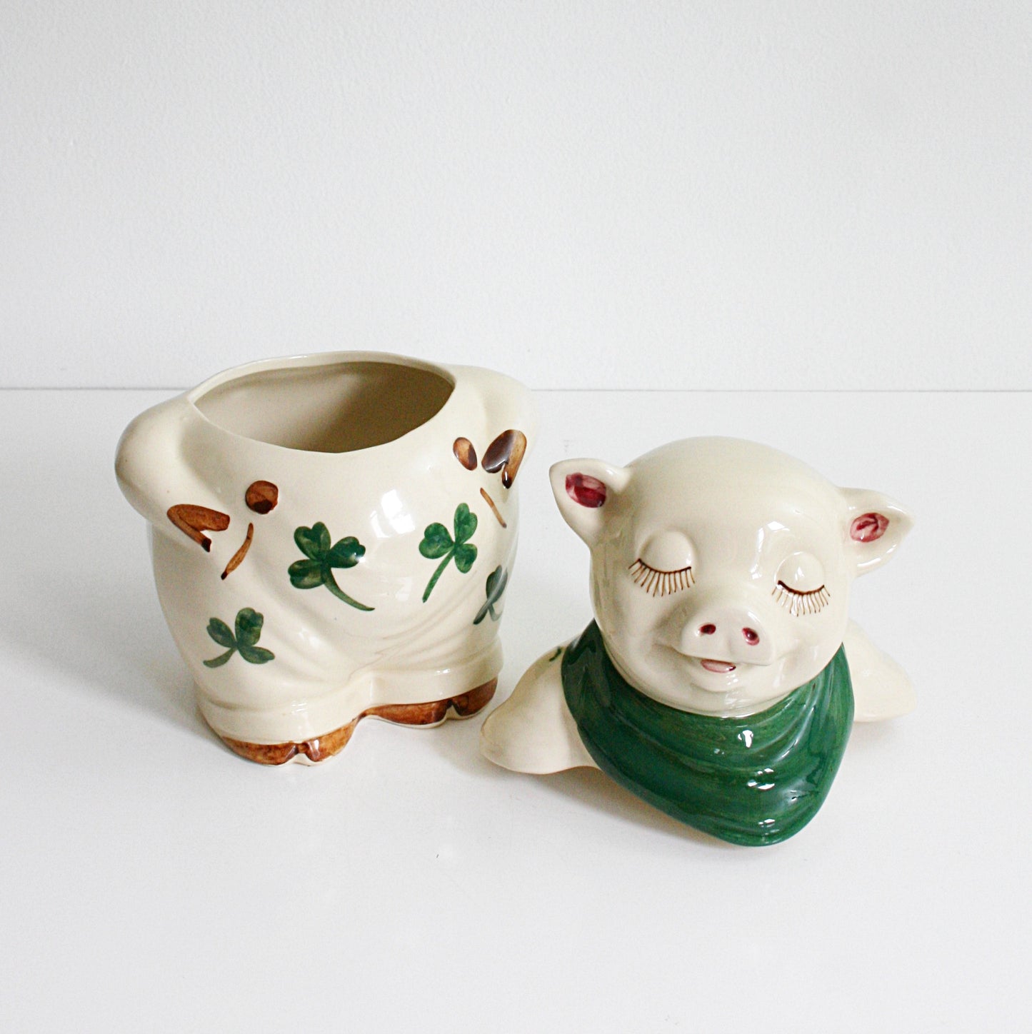 SOLD - Vintage Shawnee Shamrock Pig Cookie Jar / Antique 1940s Shawnee Smiley Pig Ceramic Canister