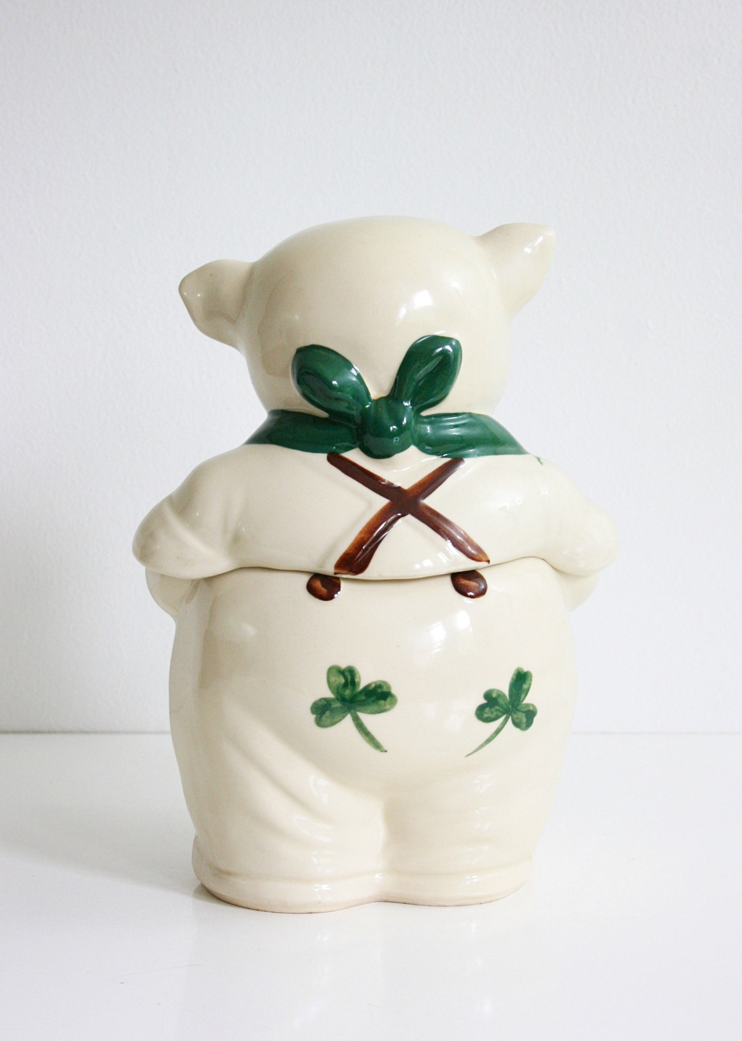 SOLD - Vintage Shawnee Shamrock Pig Cookie Jar / Antique 1940s Shawnee Smiley Pig Ceramic Canister