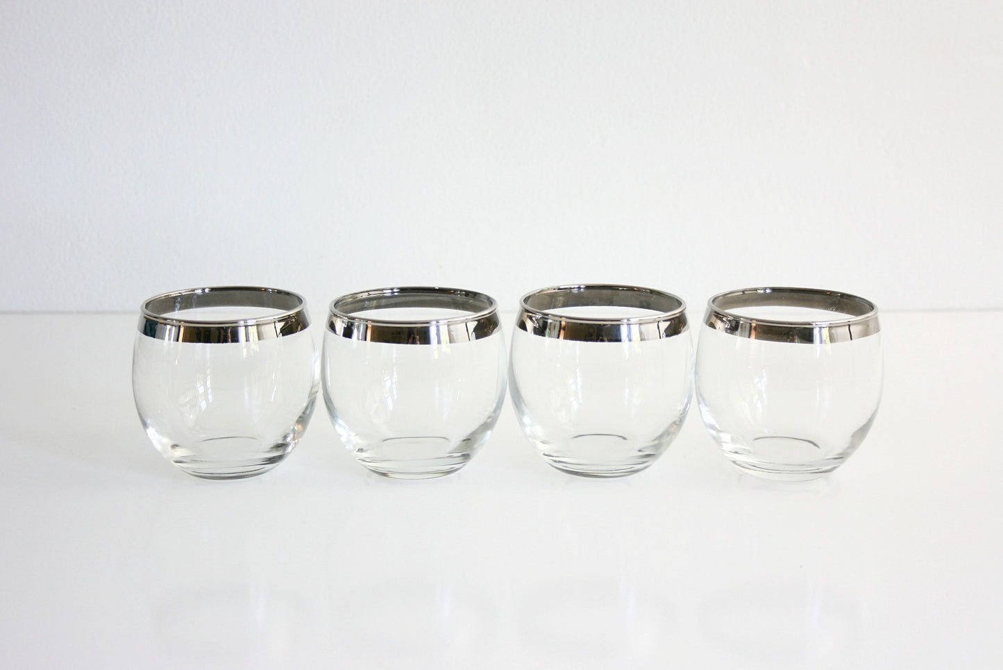 SOLD - Mid Century Modern Dorothy Thorpe Roly Poly Glasses / Vintage Silver Rimmed Barware