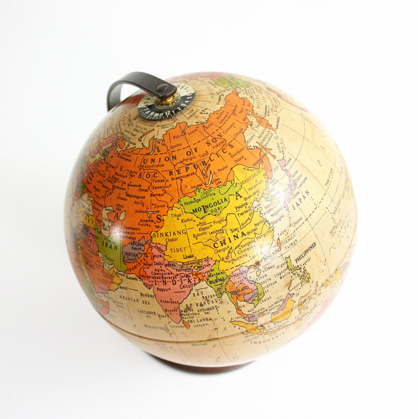 SOLD - Mid Century Metal Lithograph Globe Bank by Replogle / The Revere Vintage Globe