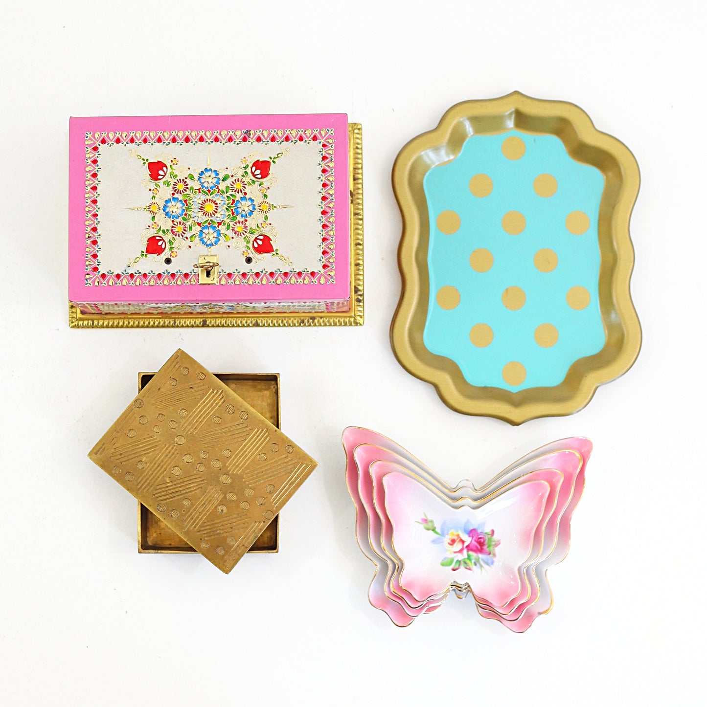 SOLD - Mid Century Modern Aqua & Gold Polka Dot Cocktail Trays